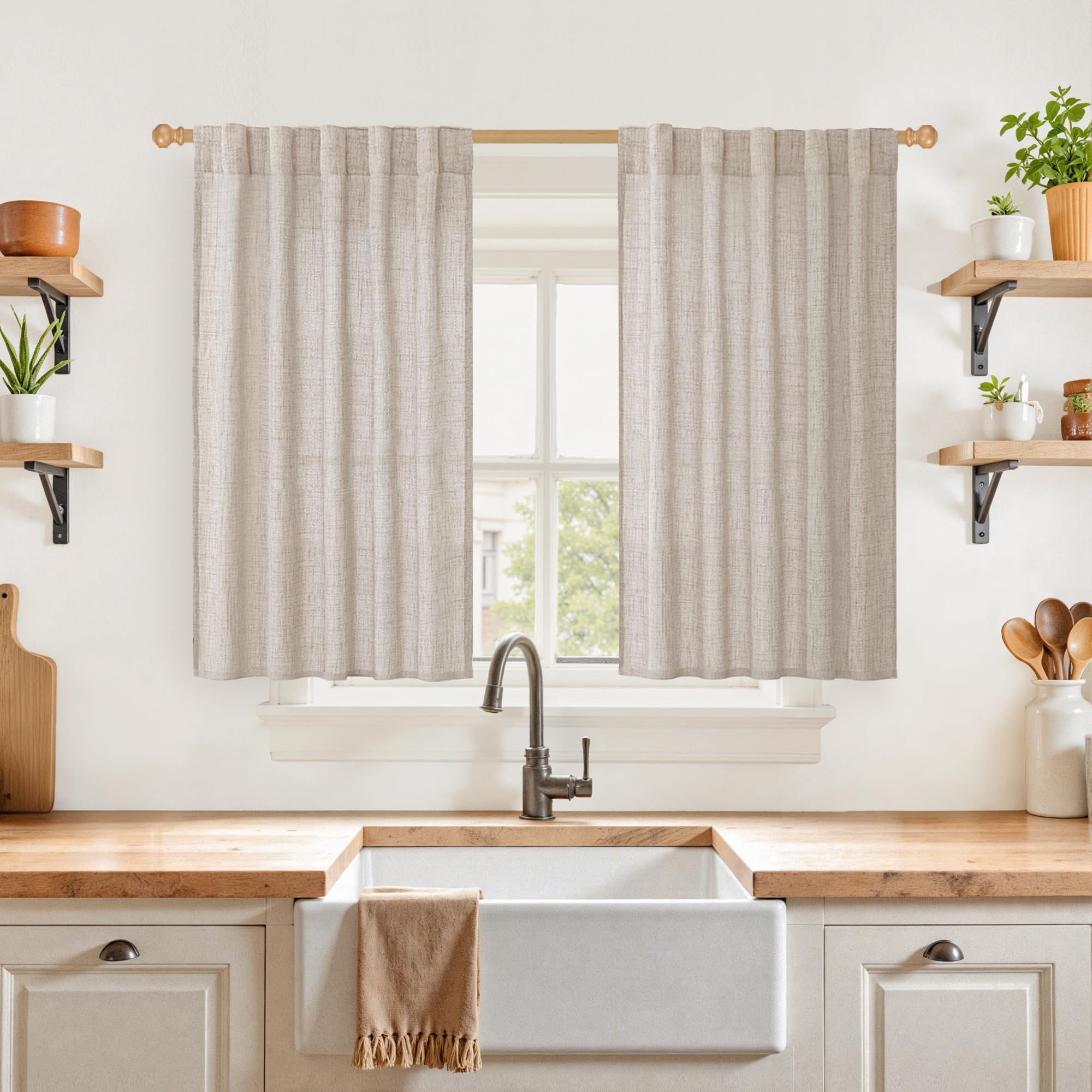 Short Linen Kitchen Curtains 40 Inch Length for Window Over Sink (2 Count)