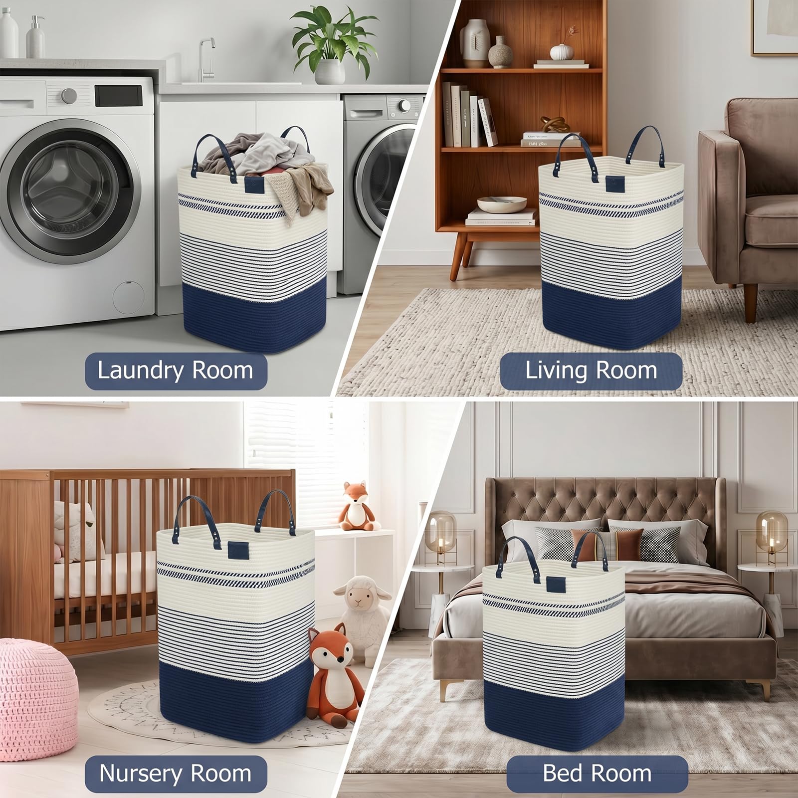 75L Woven Laundry Hamper with Long Leather Handles