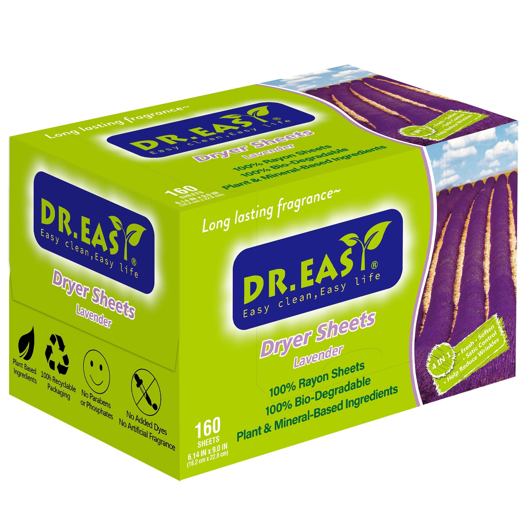 Dr.Easy Dryer Sheets Lavender Plant Based all ingredients for Sensitive Skin 160 Ct 100% Rayon Fabric Softener sheet for laundry No Dyes Reduce Static & Wrinkles Soften Clothes Help Repel Pet Hair (160 Count)
