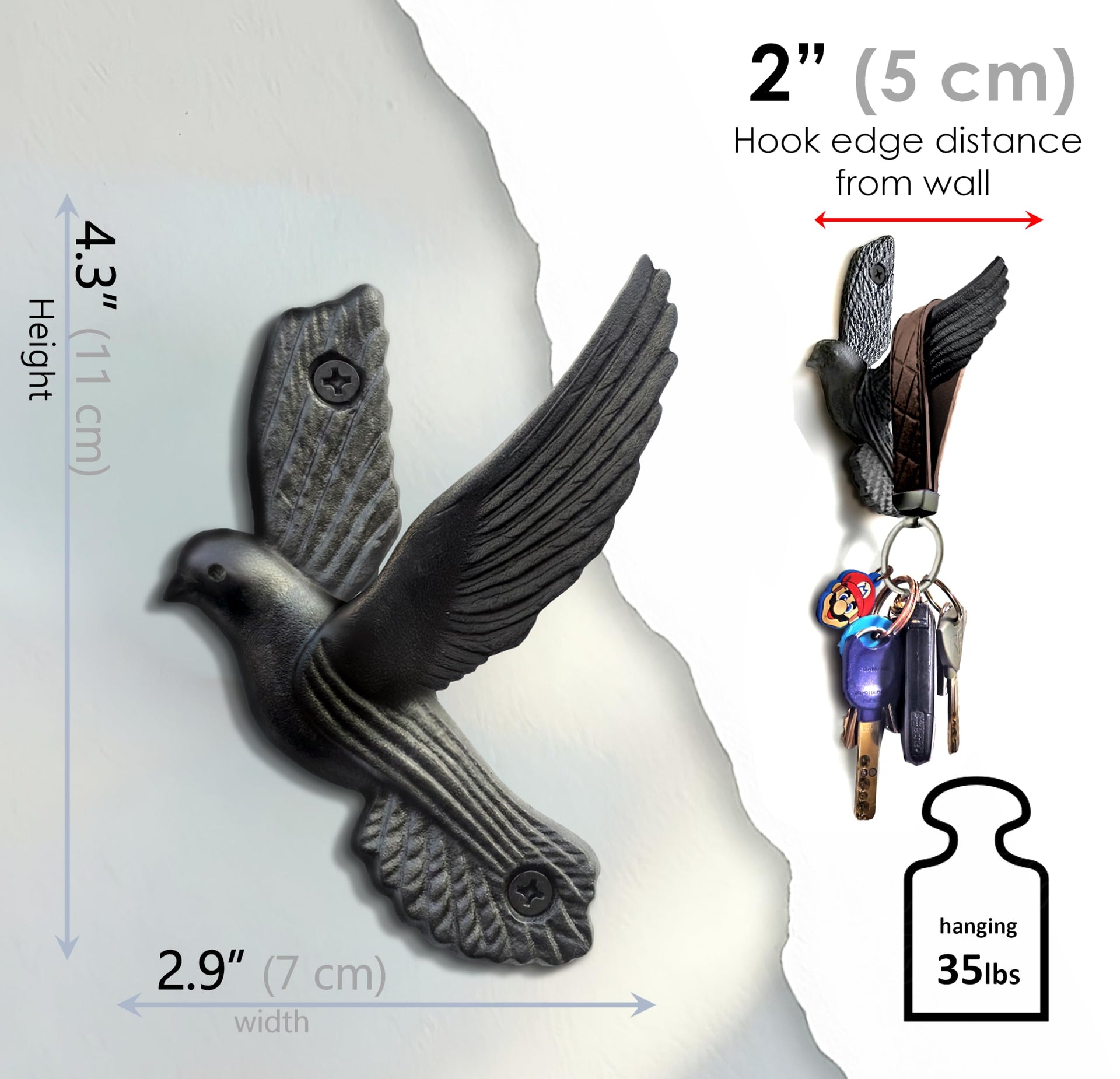 Flying Style Iron Cast Decorative Pigeon Bird Wall Mounted Coat Hooks (5 Count)