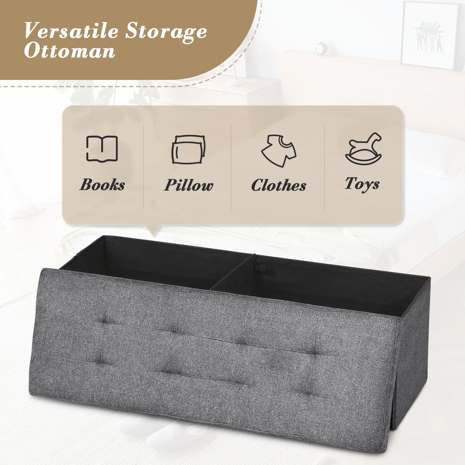 43" Storage Ottoman Bench Folding Bench with 130L Hidden Storage