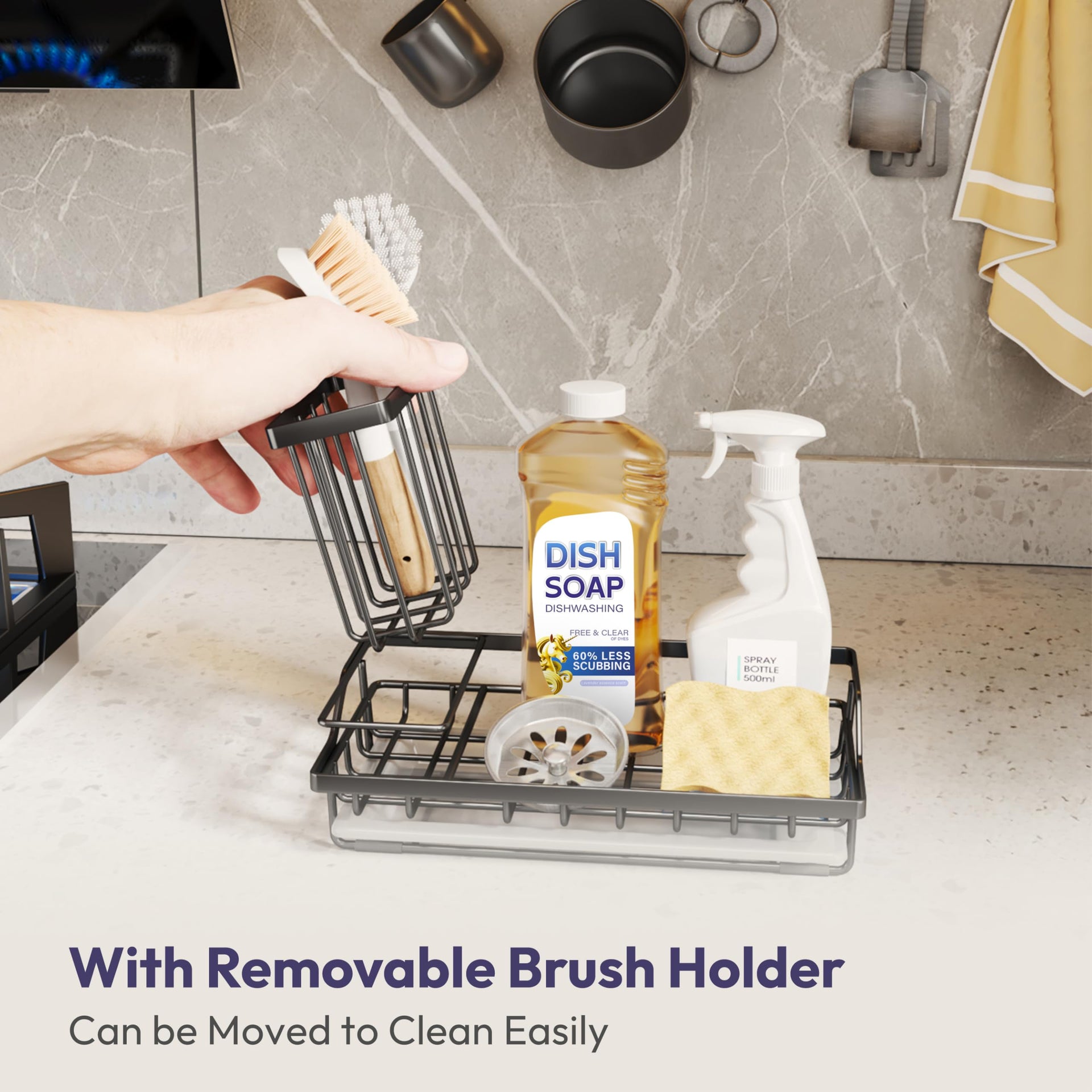 Large Sink Caddy Kitchen Sink Organizer with Detachable Brush Holder