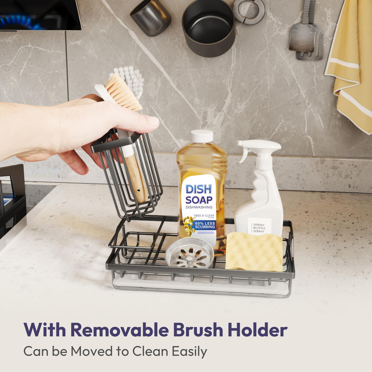 Large Sink Caddy Kitchen Sink Organizer with Detachable Brush Holder