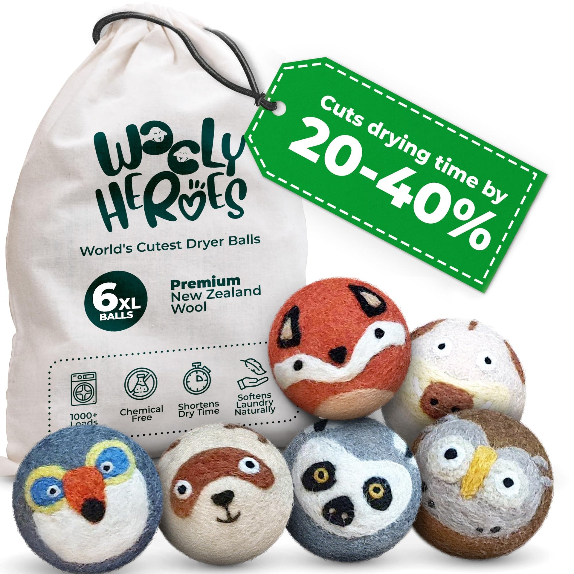 Chemical Free & Baby Safe! Reusable Wool Dryer Balls XL 6 (6 Count)