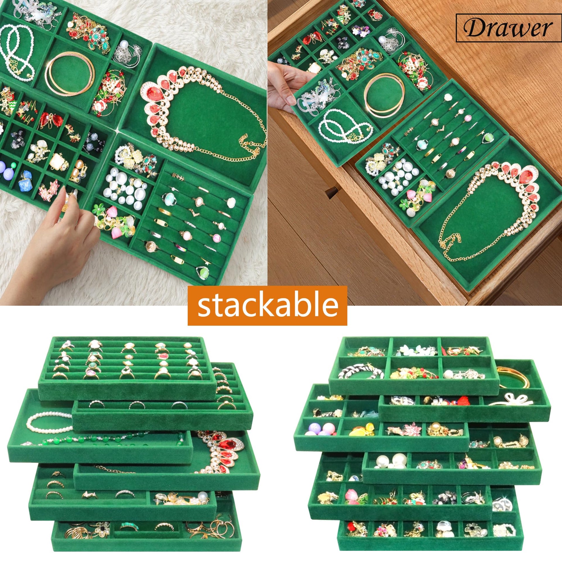 Velvet Jewelry Tray 12 Set Stackable Jewelry Organizer Trays for Drawers Rings Earrings Necklaces Bracelet Watch Display Case (12 Count)