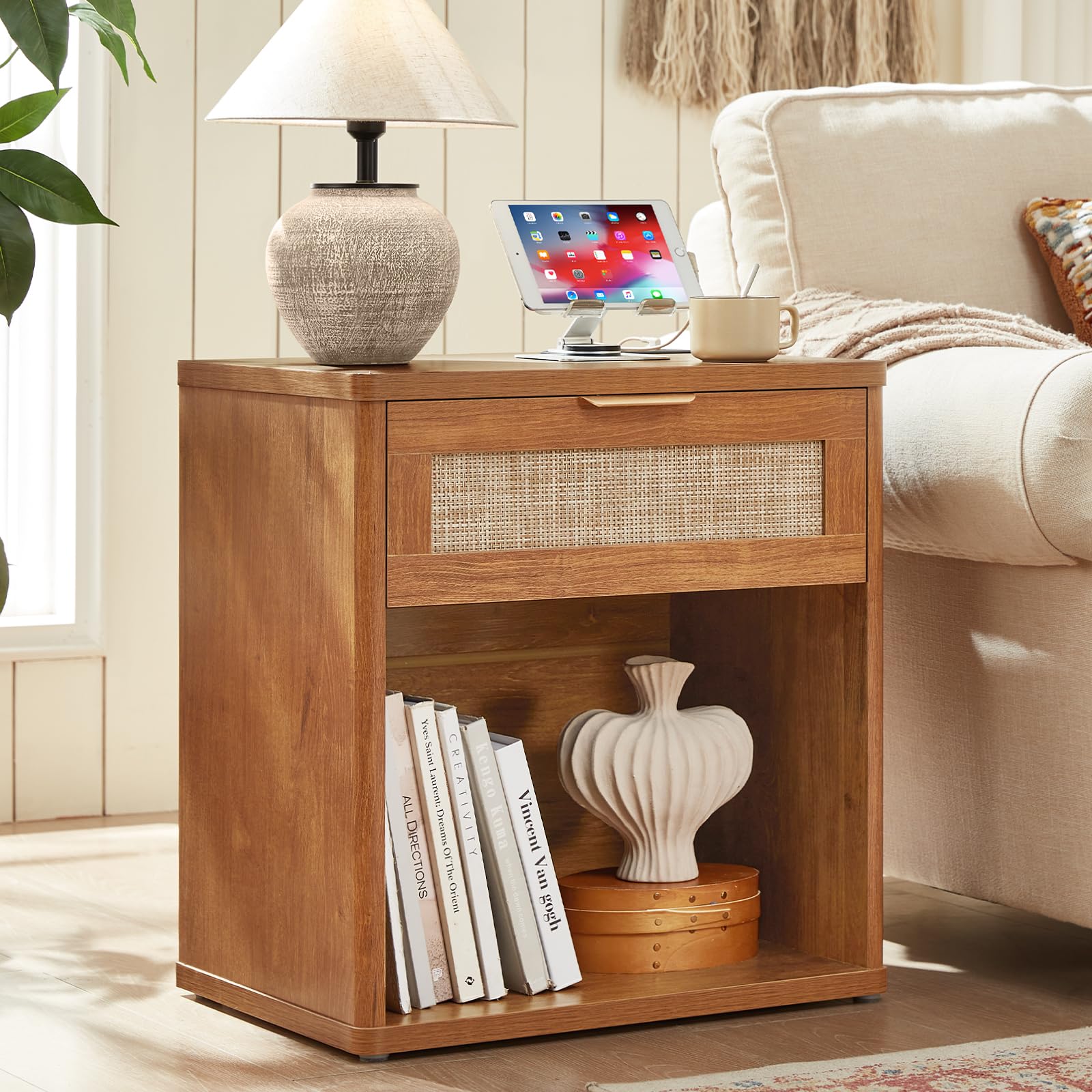 Rattan Nightstand with Charging Station