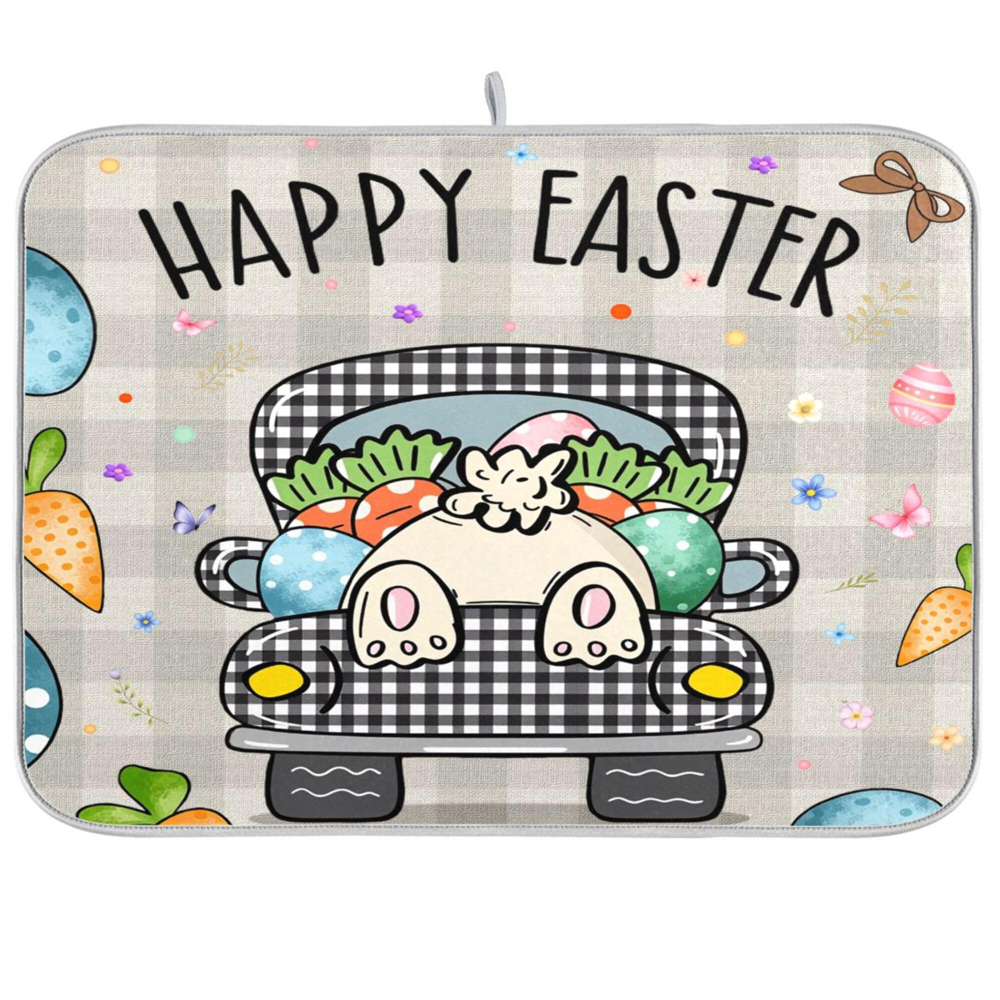 Easter Eggs Bunny Rabbit Dish Drying Mat Quick Absorbent 18x24 Easter Day Black White Buffalo Plaid Kitchen Drying Mat for Countertop Sink Reusable Dishes Mats Kitchen Essentials
