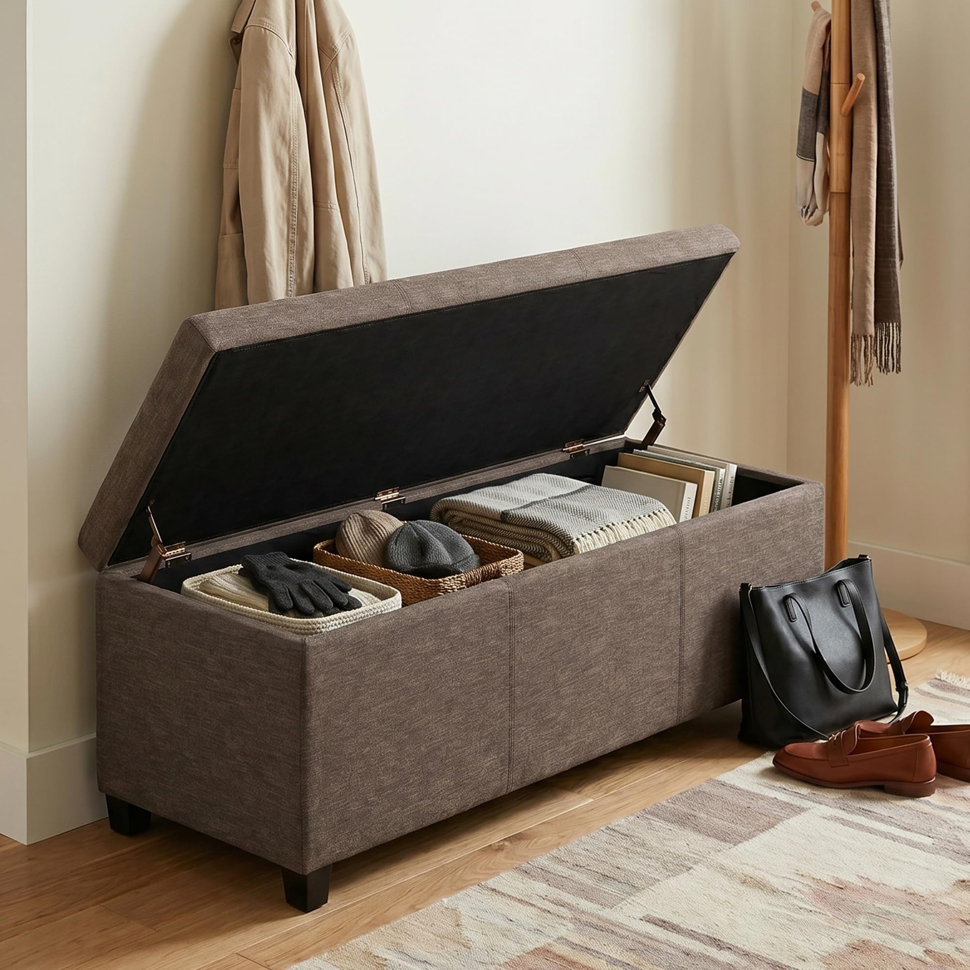 Avalon 48" Wide Linen Look Fabric Storage Ottoman in Fawn Brown