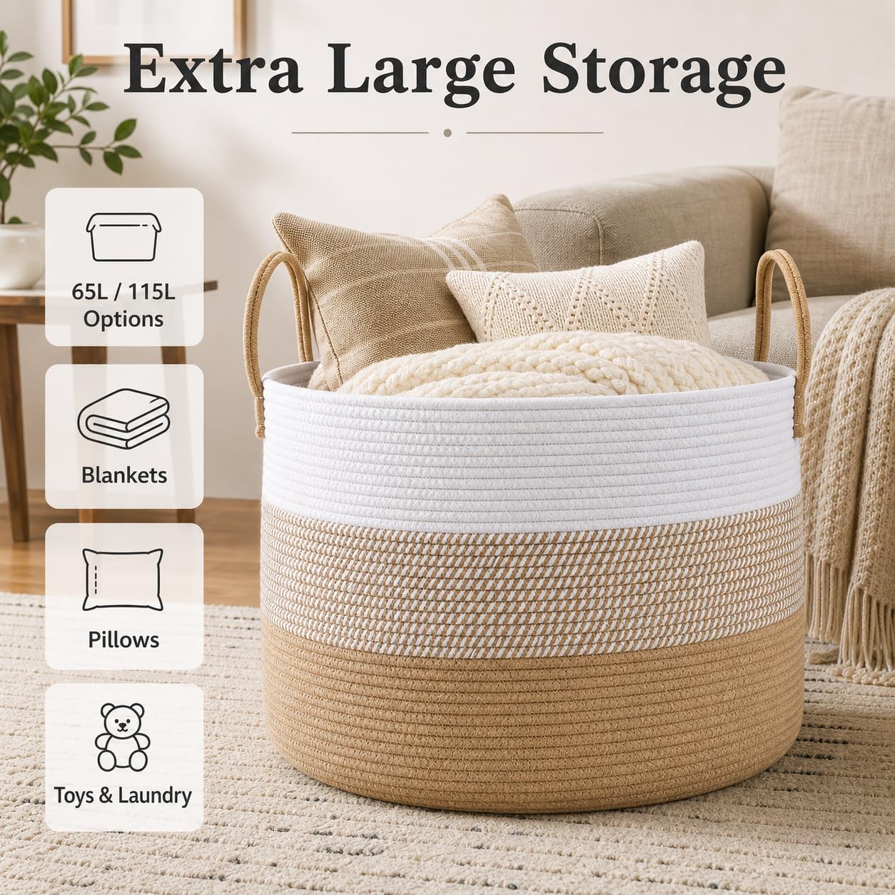 115L Extra Large Machine Washable Cotton Rope Blanket Basket