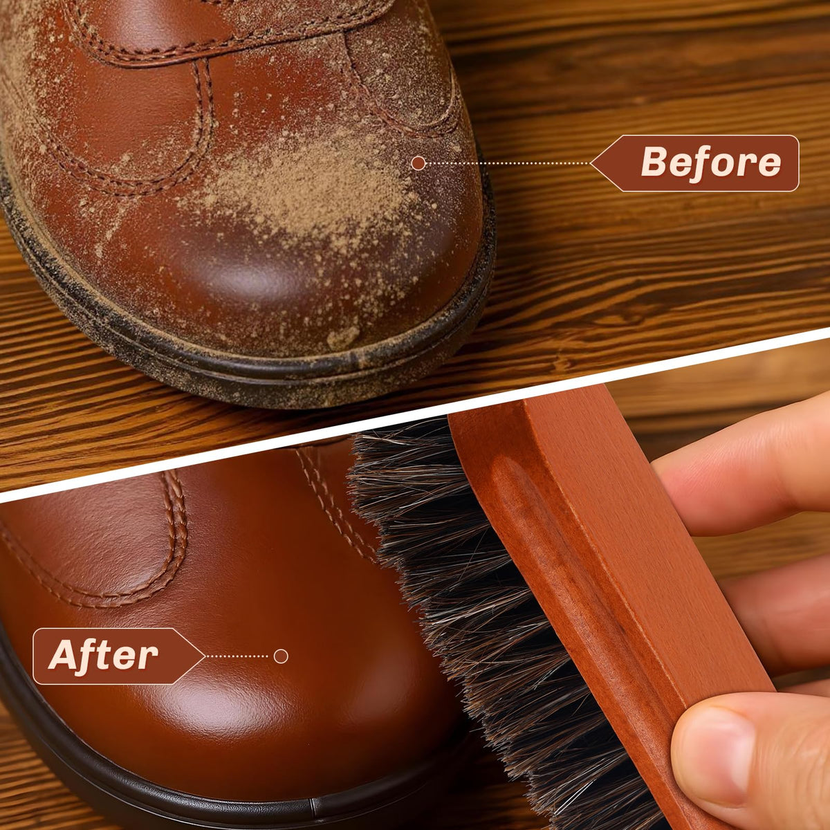 4 Pcs Horsehair Shine Shoes Brush Kit Polish Dauber Applicators Cleaning Leather Shoes Boots Care Brushes Suede Cleaner Brush with Microfiber Shoe Cloth (2.75 Count)