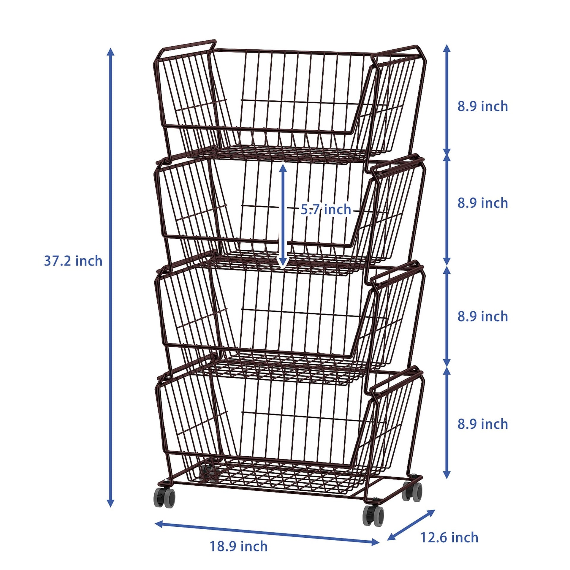 4 Tier Large Stackable Wire Storage Baskets with Wheels