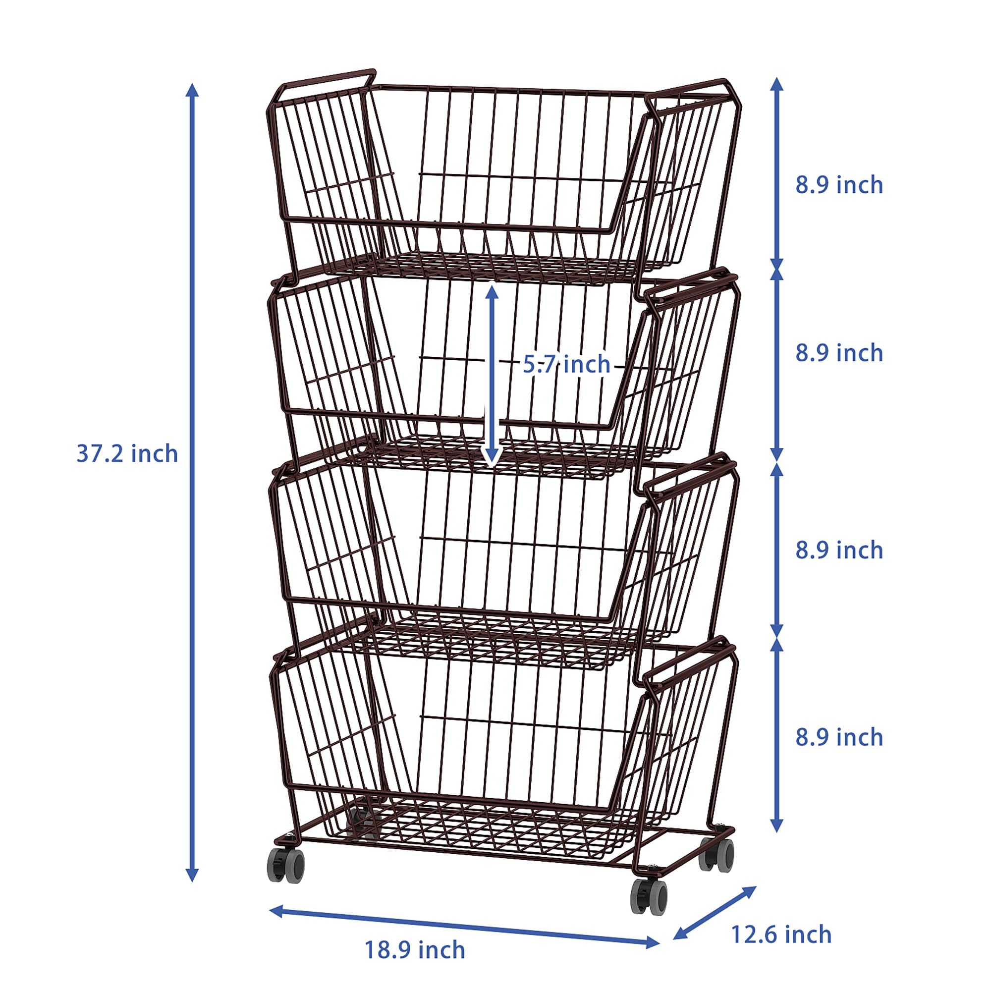 4 Tier Large Stackable Wire Storage Baskets with Wheels
