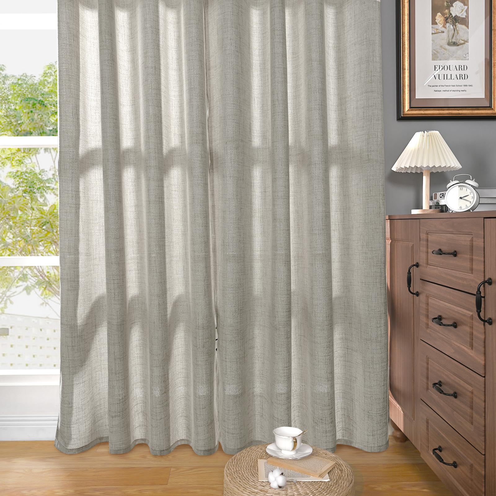 Grey Linen Semi Sheer Curtains 36 Inch Length Kitchen Winow Sink (2 Count)