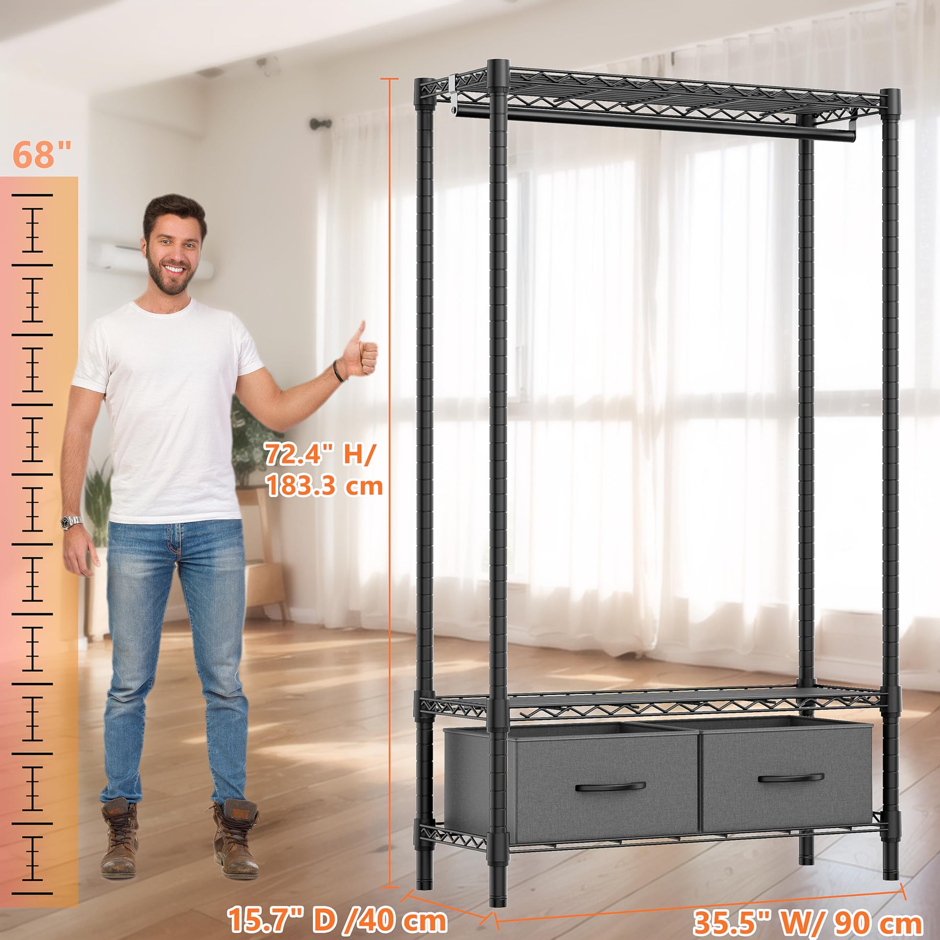 Heavy Duty Rolling Garment Rack 3 Tiers Adjustable Wire Shelving with Rod