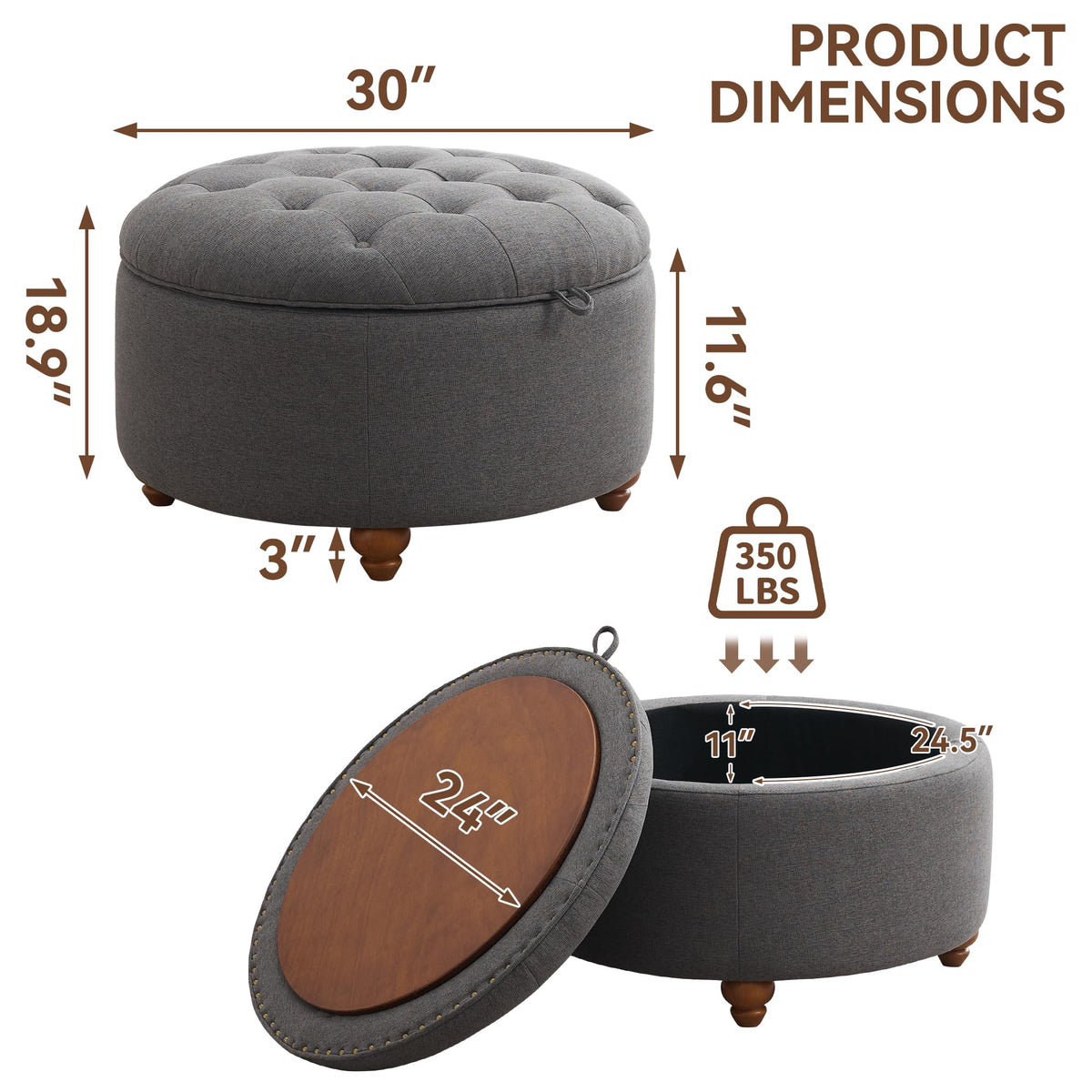 30Inch Round Storage Ottoman with Tray