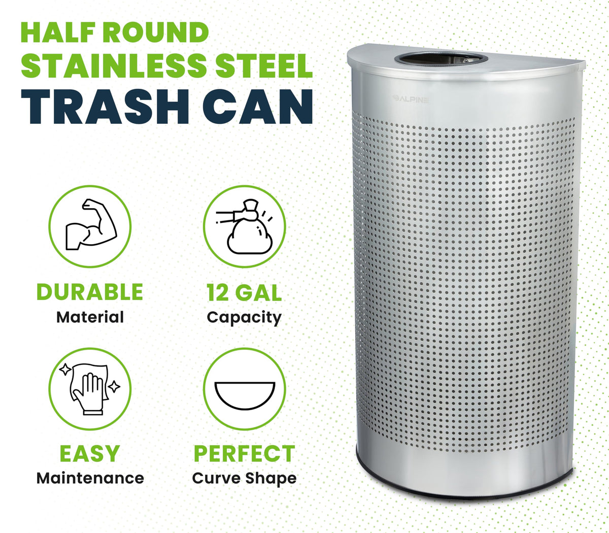 12 Gallon Half Round Stainless Steel Commercial Trash Can Open Top