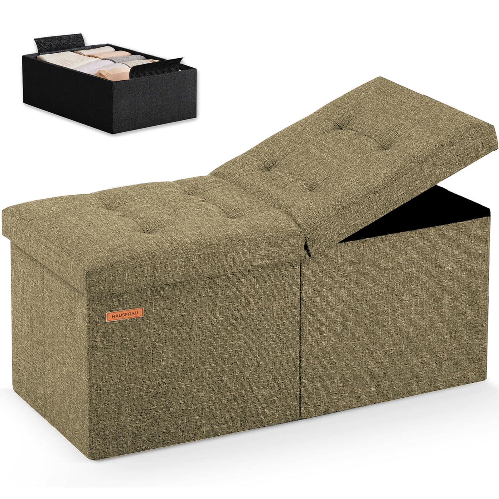 Ottoman with Storage Bench Folding Foot Rest Stool Linen Kaki