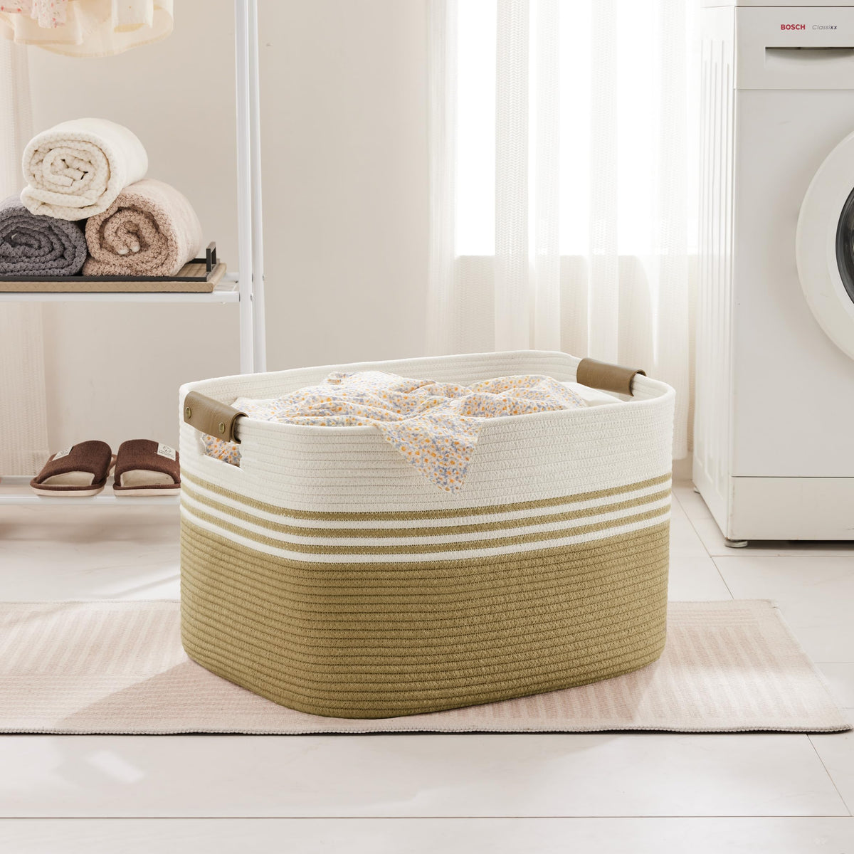 86L Large Woven Laundry Basket Hamper with Leather Handles - ModHome Supplies