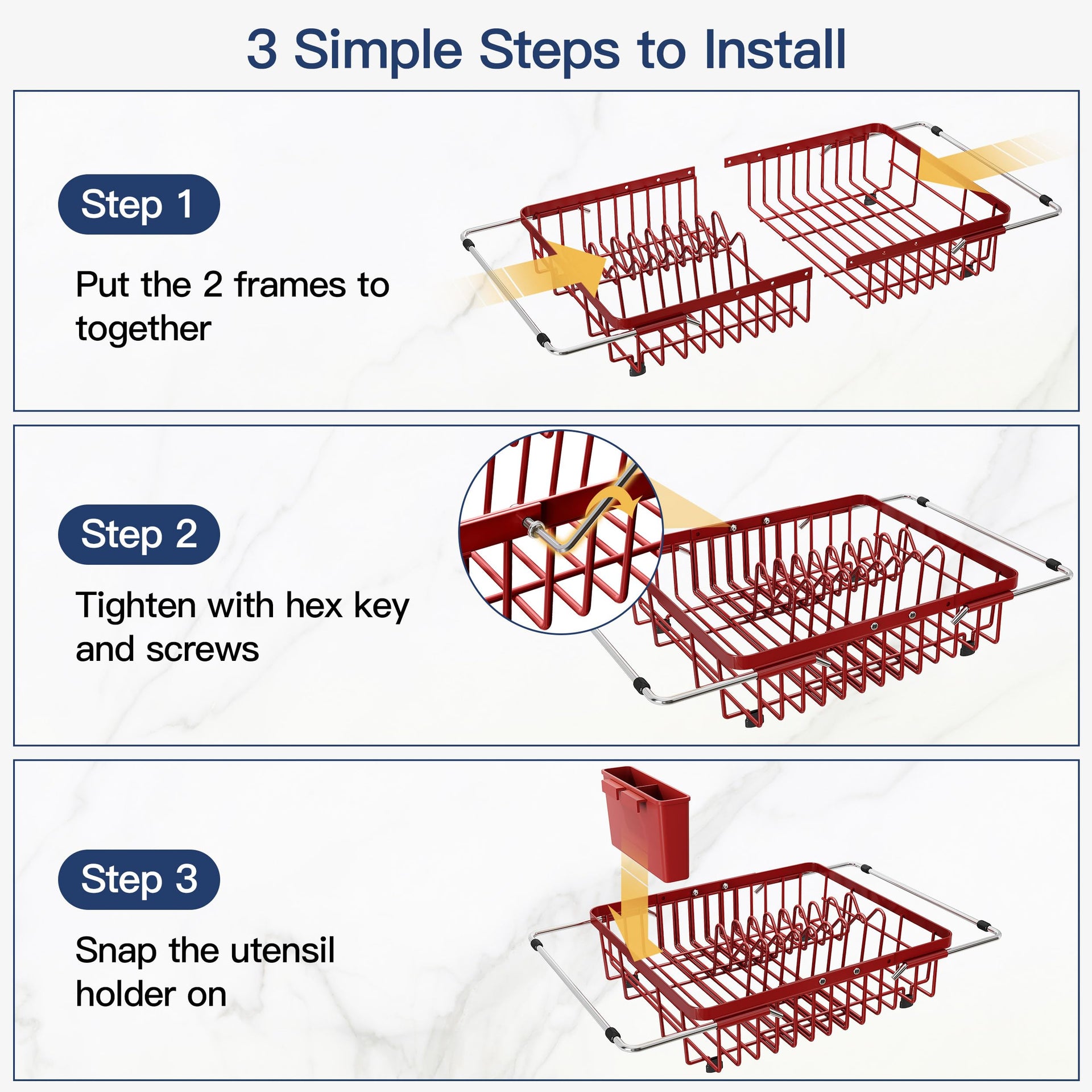 Red Dish Drying Rack Over the Sink with Utensil Holder