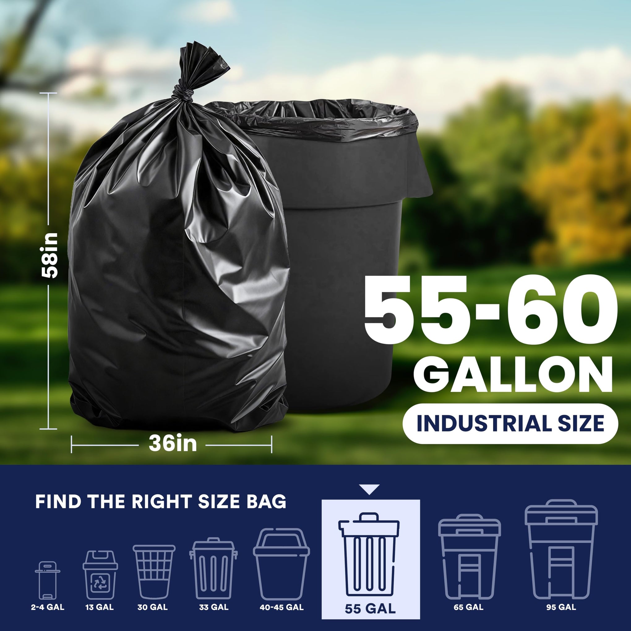 55 60 Gallon Trash Bags │ 1.5 Mil │ Black Heavy Duty Garbage Can Liners │ 36” x 58” (100 Count)