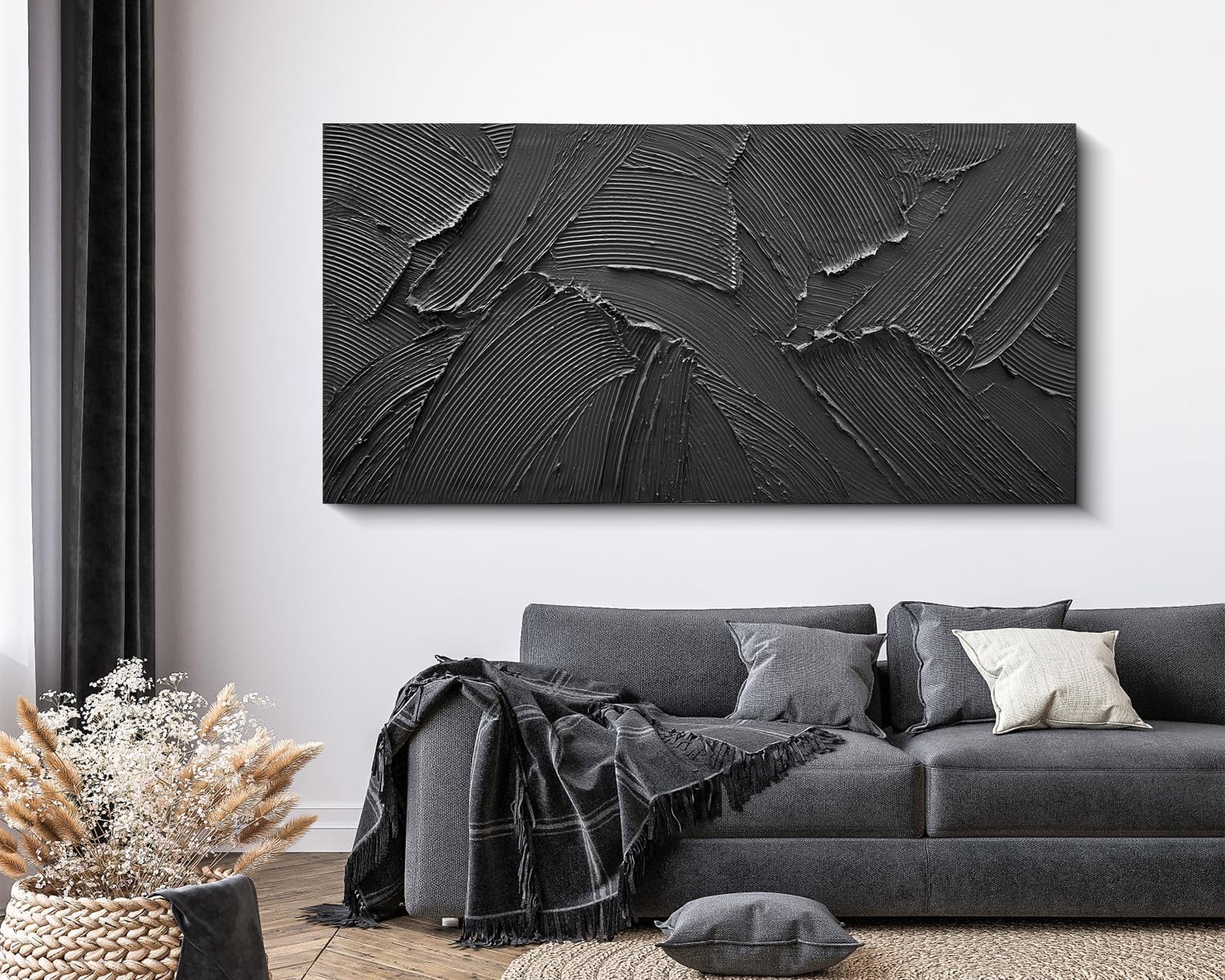 Art Hand painted black minimalist texture oil painting 24x48 inch