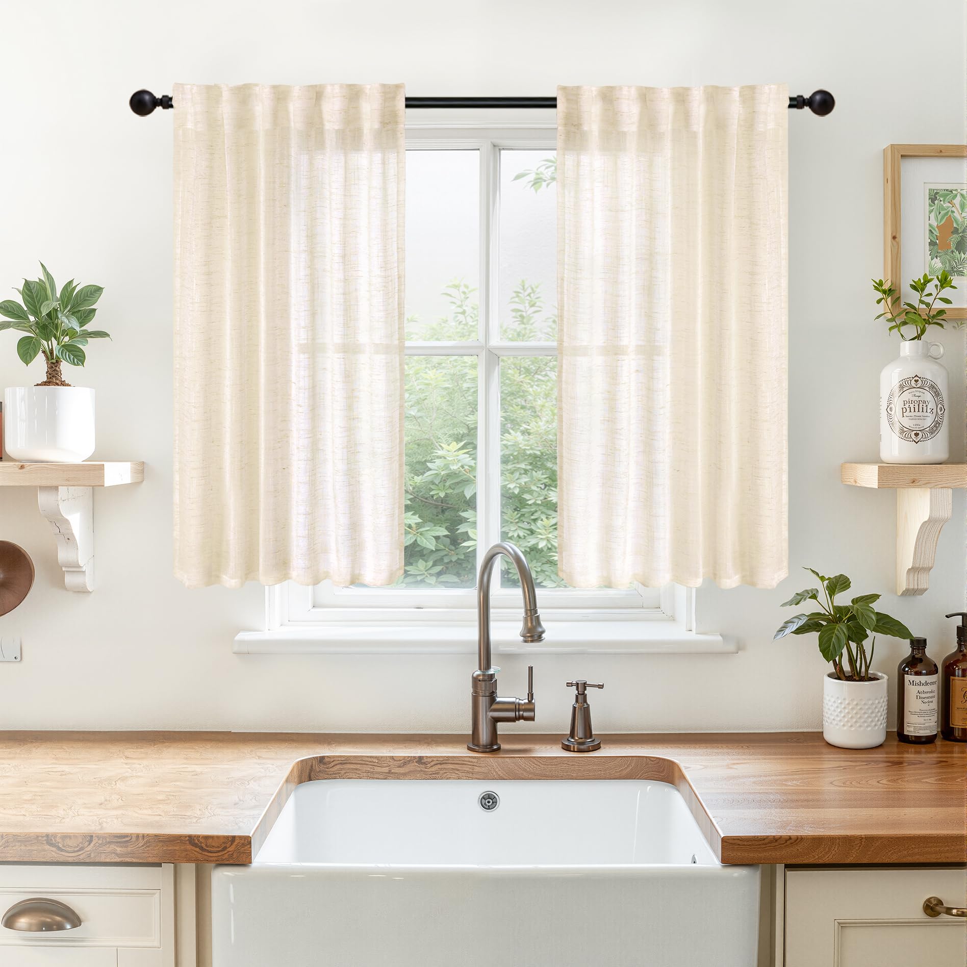 Linen Sheer Kitchen Window Curtains 40 Inch Length Small Drapes (2 Count)