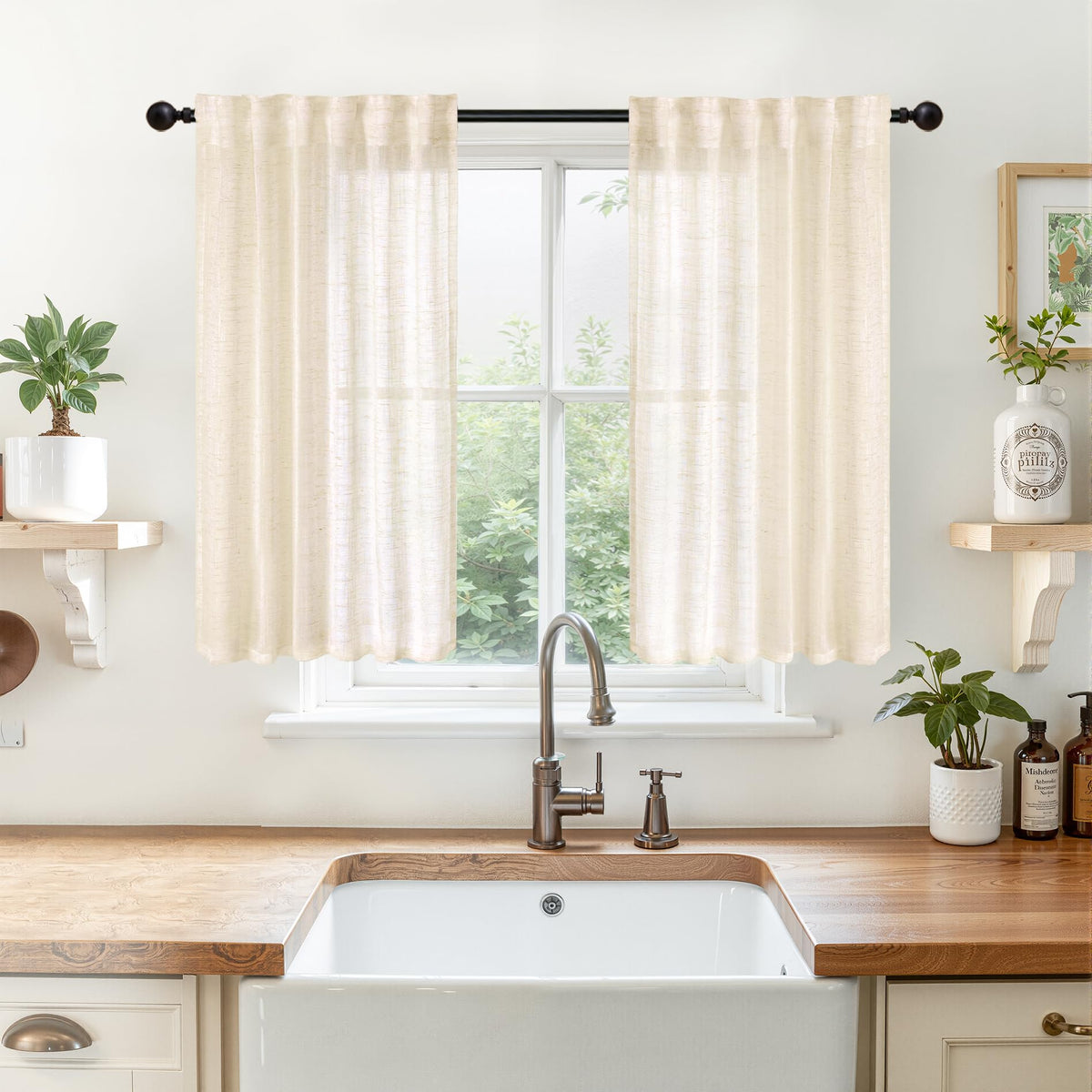 Linen Semi Sheer Curtains 45 Inch Length for Kitchen Cafe Window (2 Count)