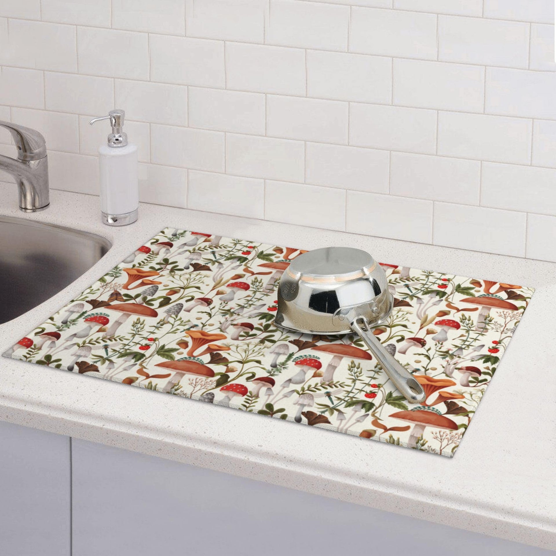 Boho Mushroom Decor Dish Drying Mat for Kitchen Counter 18"x24"