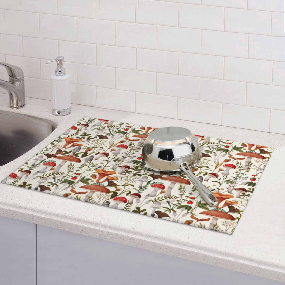 Boho Mushroom Decor Dish Drying Mat for Kitchen Counter 18"x24"