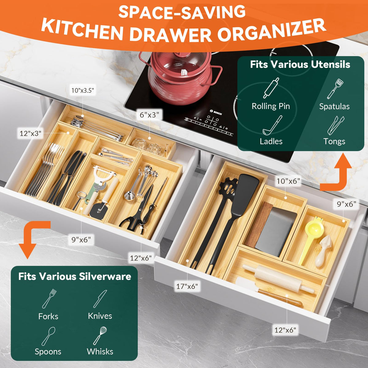 Bamboo Drawer Organizer for Kitchen Utensils (2 Count)