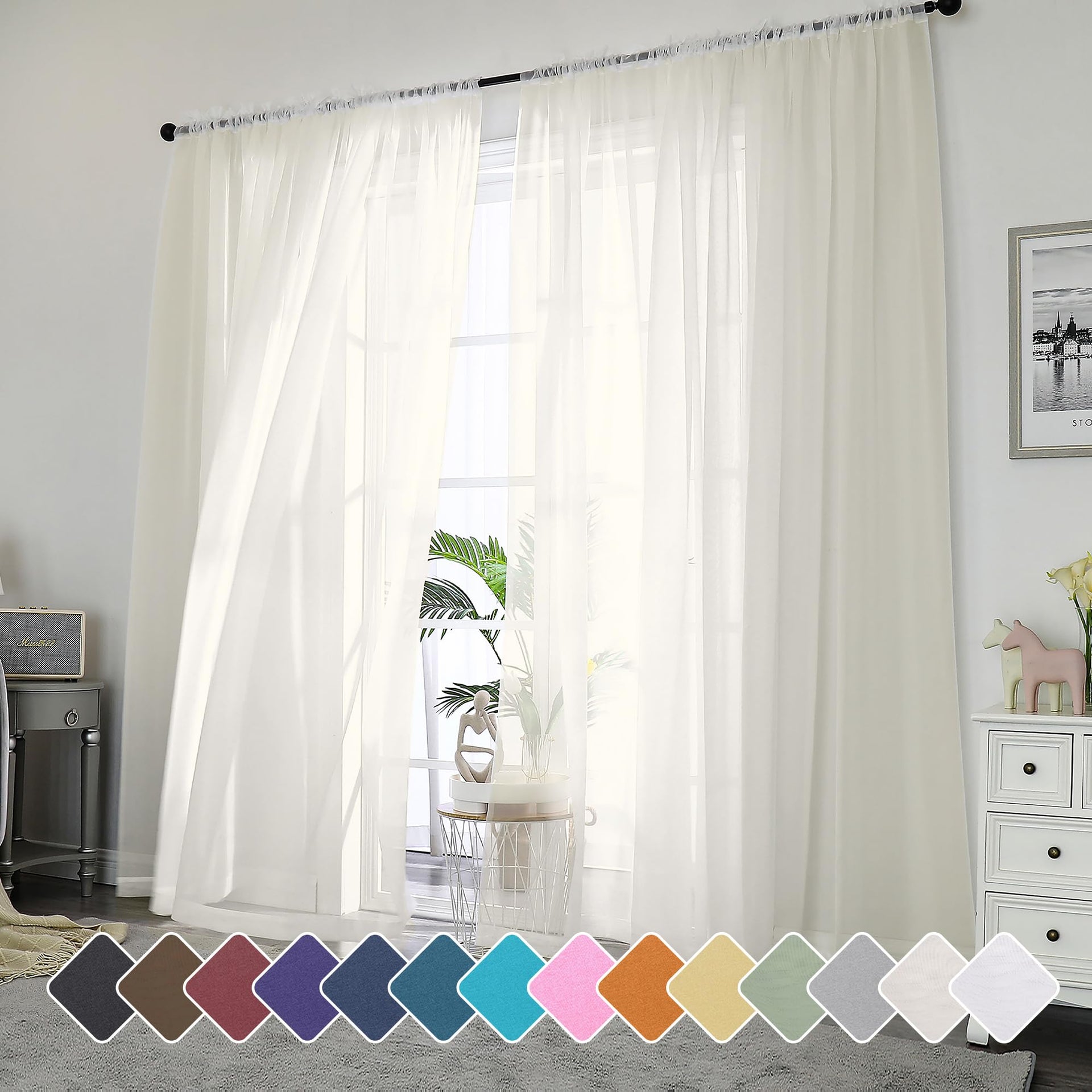 Ivory Sheer Curtains 96 Inch Length 2 Panels Set
