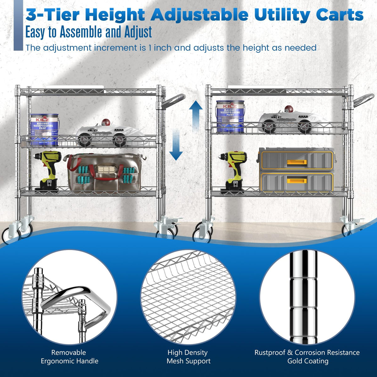 3 Tier Rolling Carts with Wheels