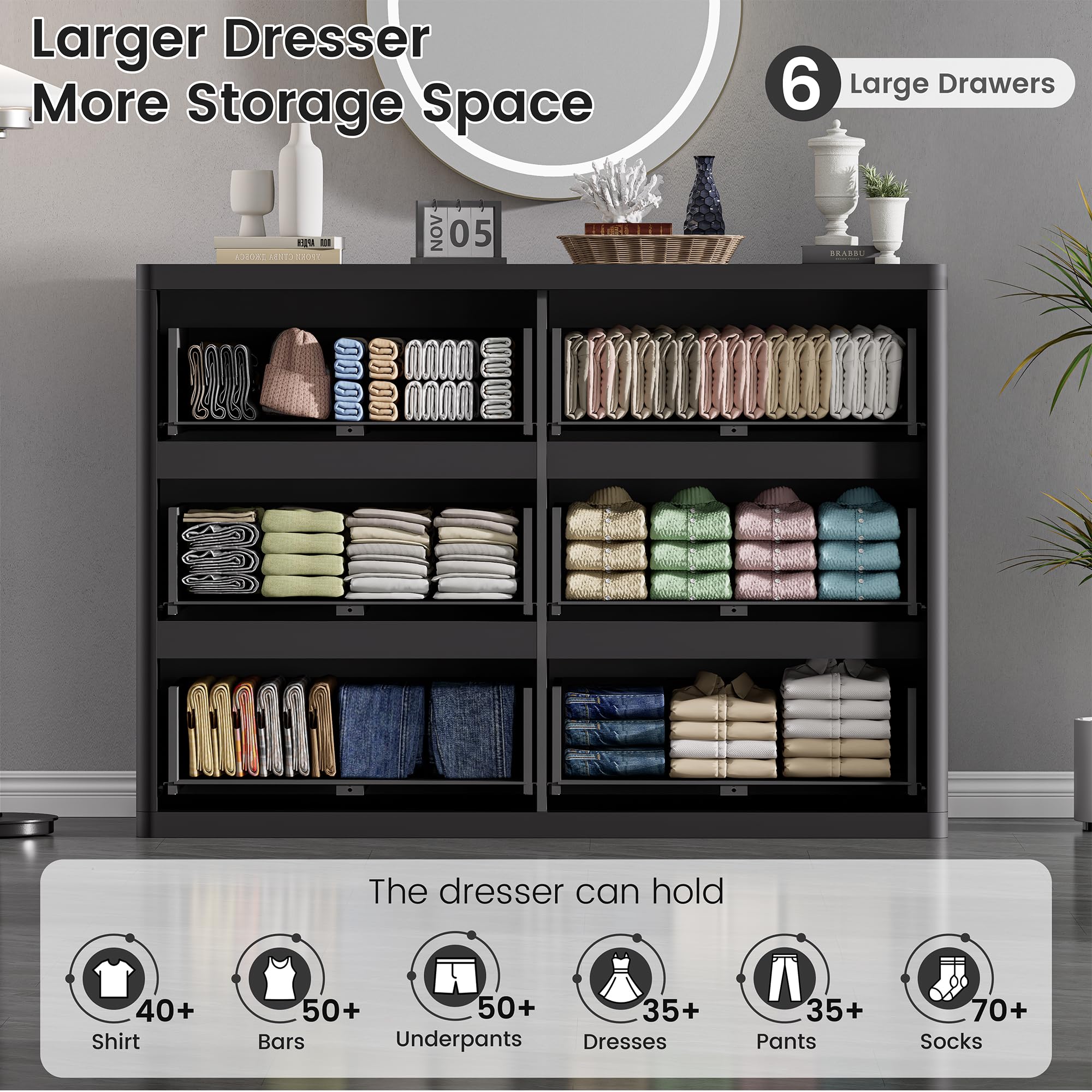 Black 6 Drawers Double Dresser