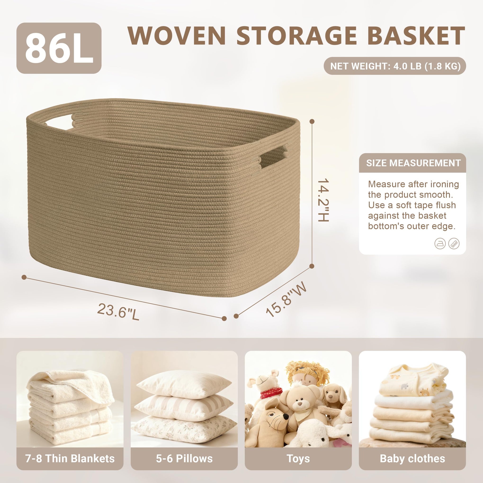 86L Large Woven Laundry Basket Hamper with Handles