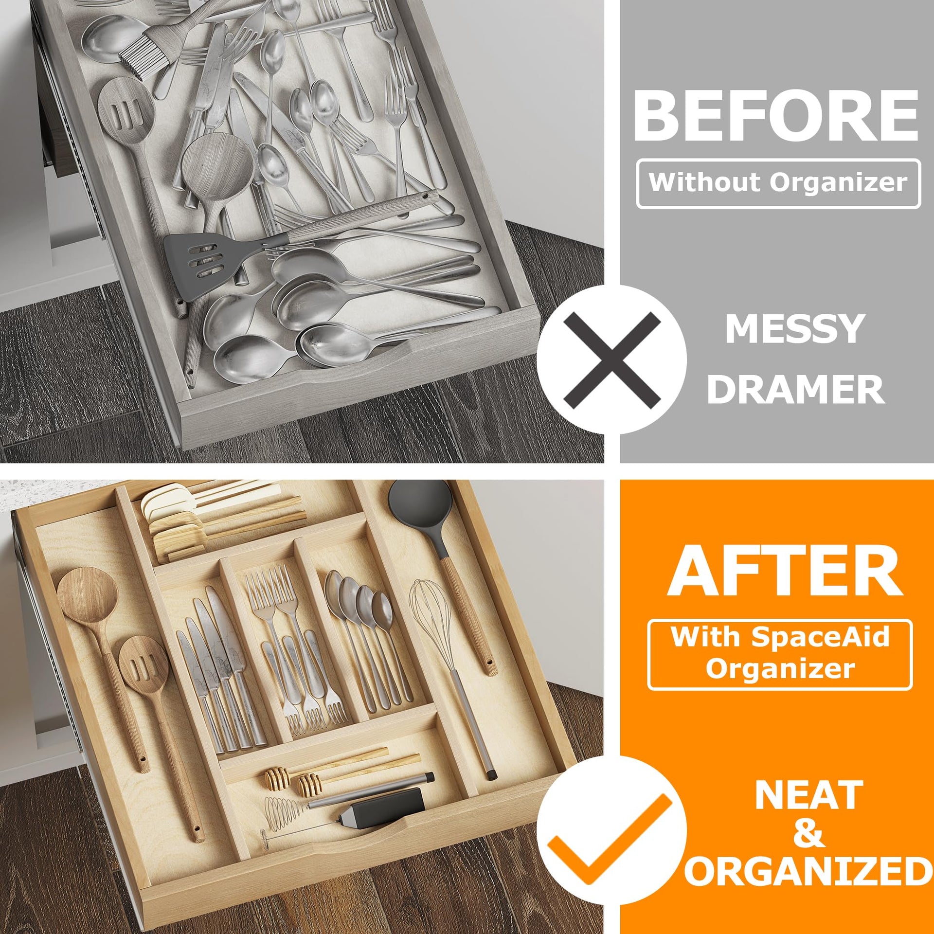 Premium Wooden Silverware Organizer for Kitchen Drawers