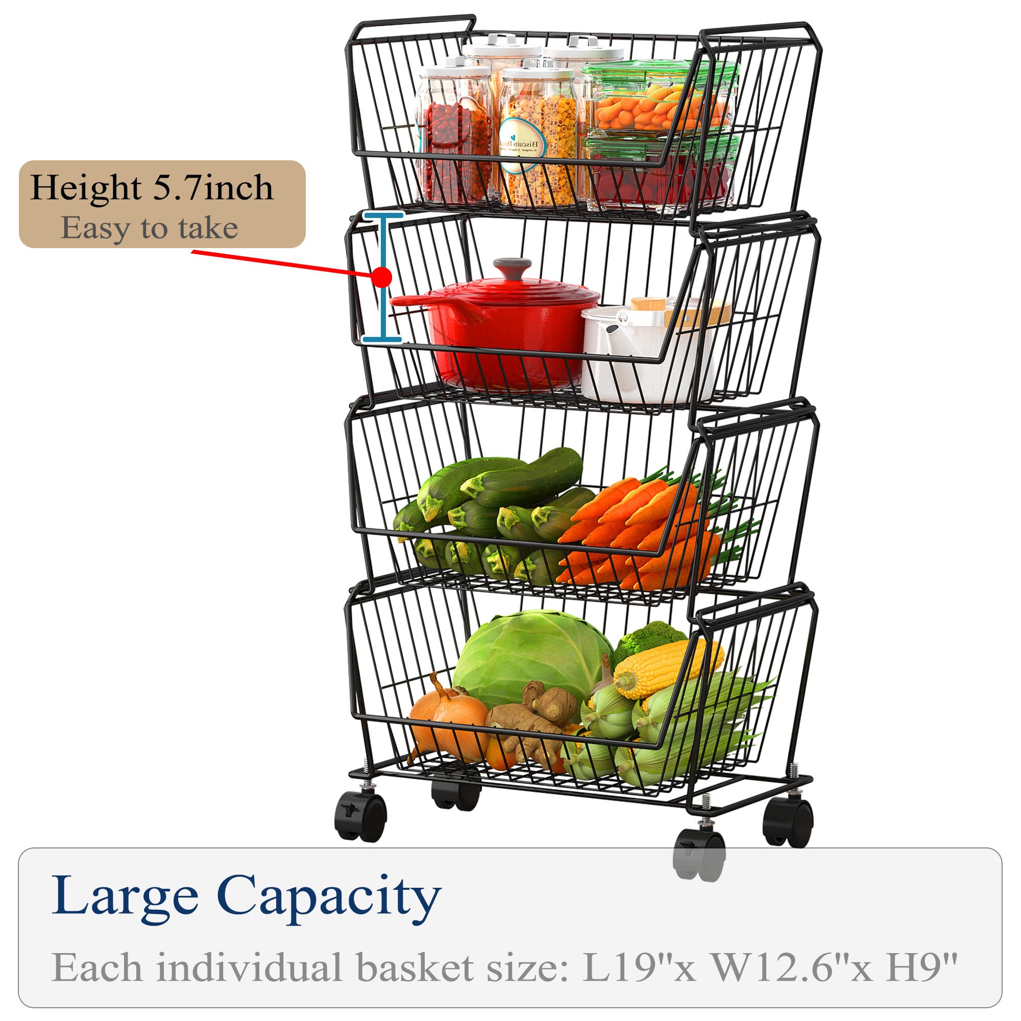 4 Tier Large Stackable Wire Storage Baskets with Wheels