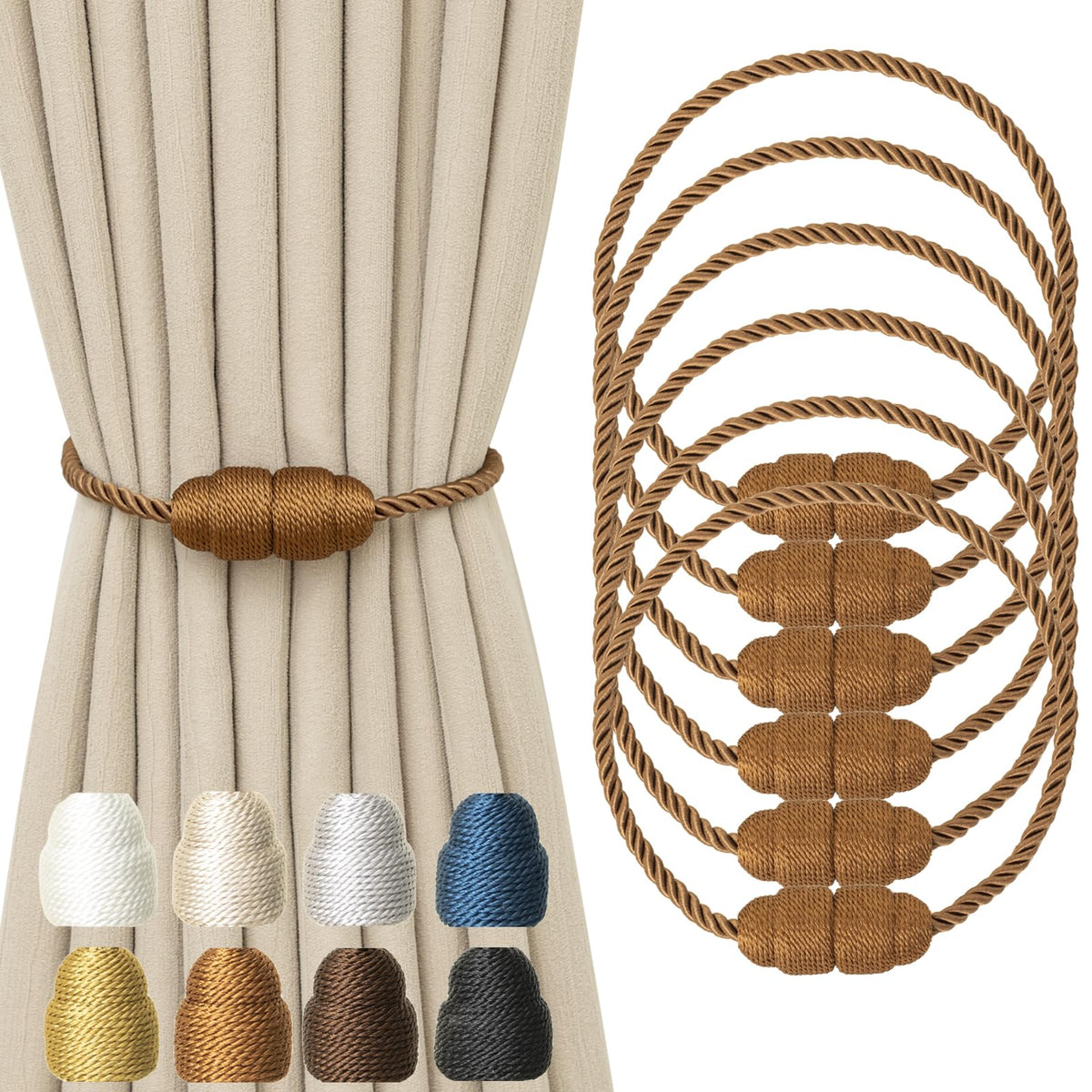 Magnetic Rope Curtain Tiebacks 6 Pack Holders for Drapes and Curtains (6 Count)