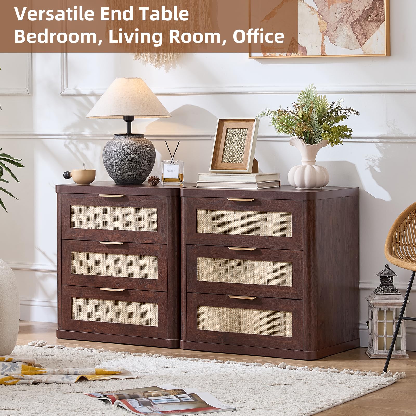 Rattan 23" Nightstands with Drawers for Bedroom