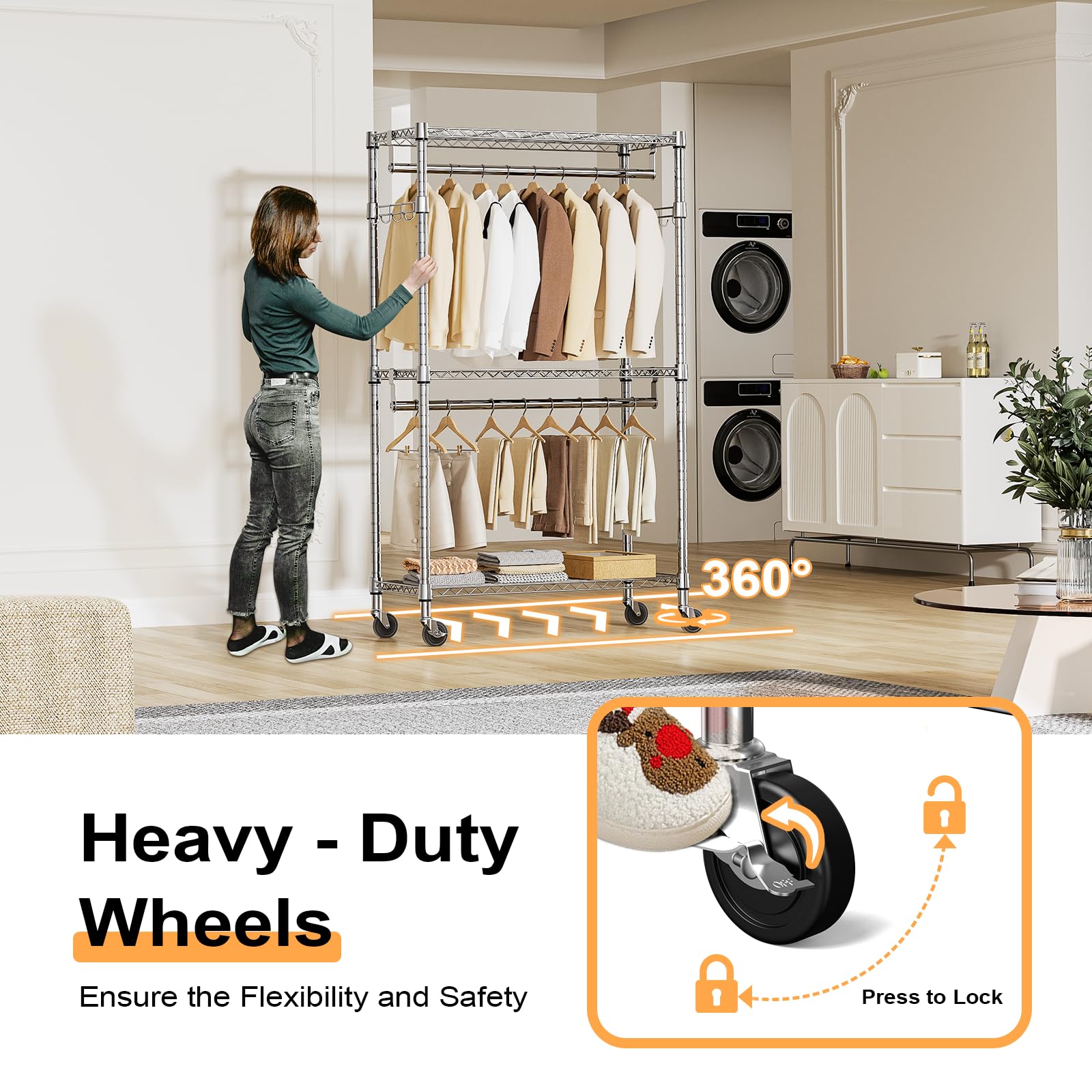Heavy Duty Rolling Garment Rack 3 Tiers Adjustable Wire Shelving Clothes Rack with 2 Rods and Side Hooks