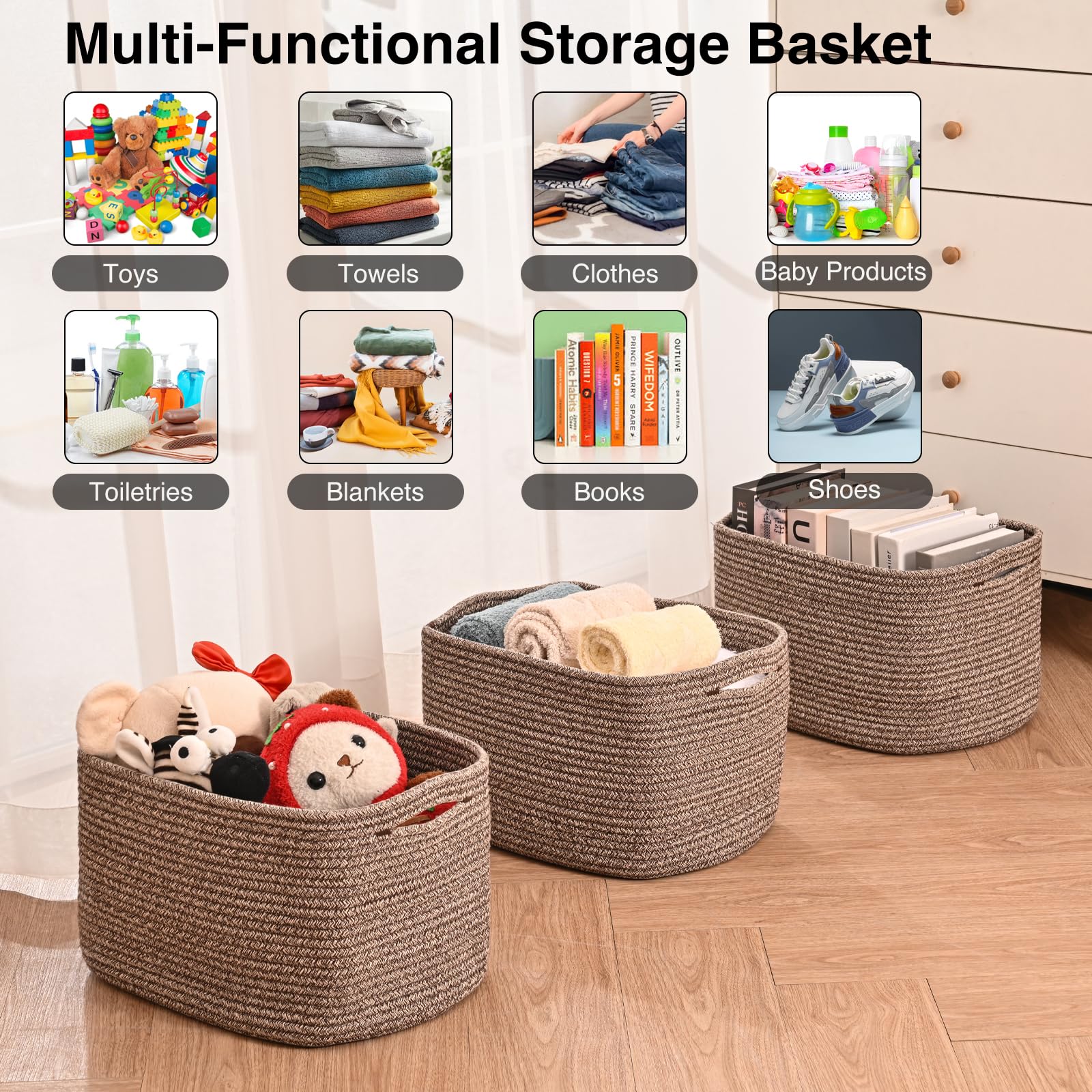 Storage Baskets for Organizing Shelves (3 Count)