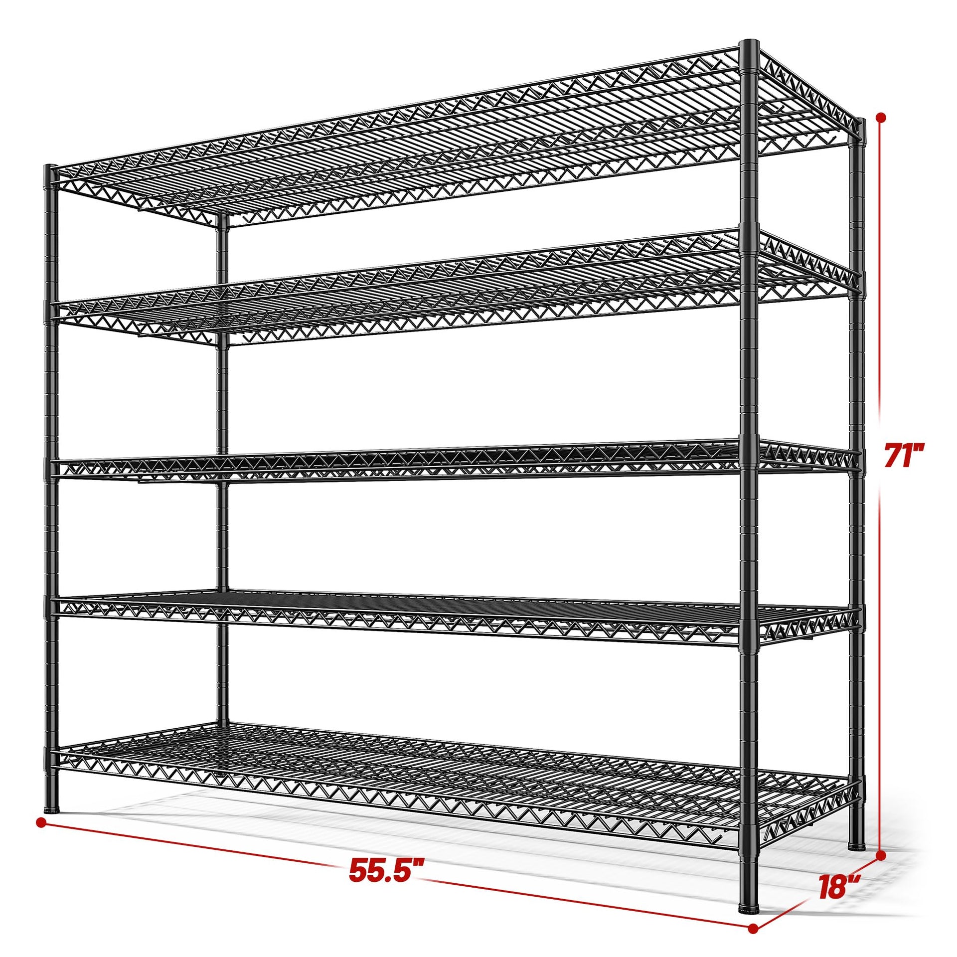 55.5" W Storage Shelves 3200LBS Wire Shelving Unit 5 Tier Metal Shelving Heavy Duty Garage Shelving Metal Shelves for Storage Rack Adjustable Pantry Shelf