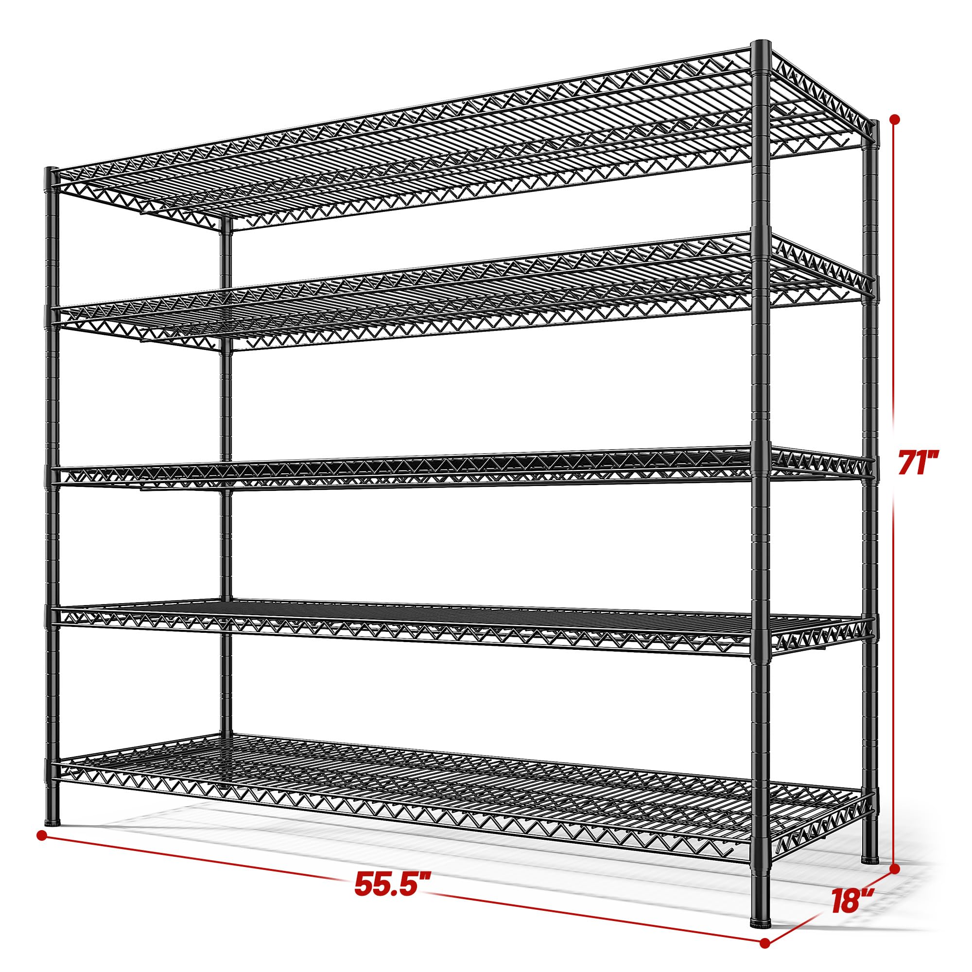 55.5" W Storage Shelves 3200LBS Wire Shelving Unit 5 Tier Metal Shelving Heavy Duty Garage Shelving Metal Shelves for Storage Rack Adjustable Pantry Shelf