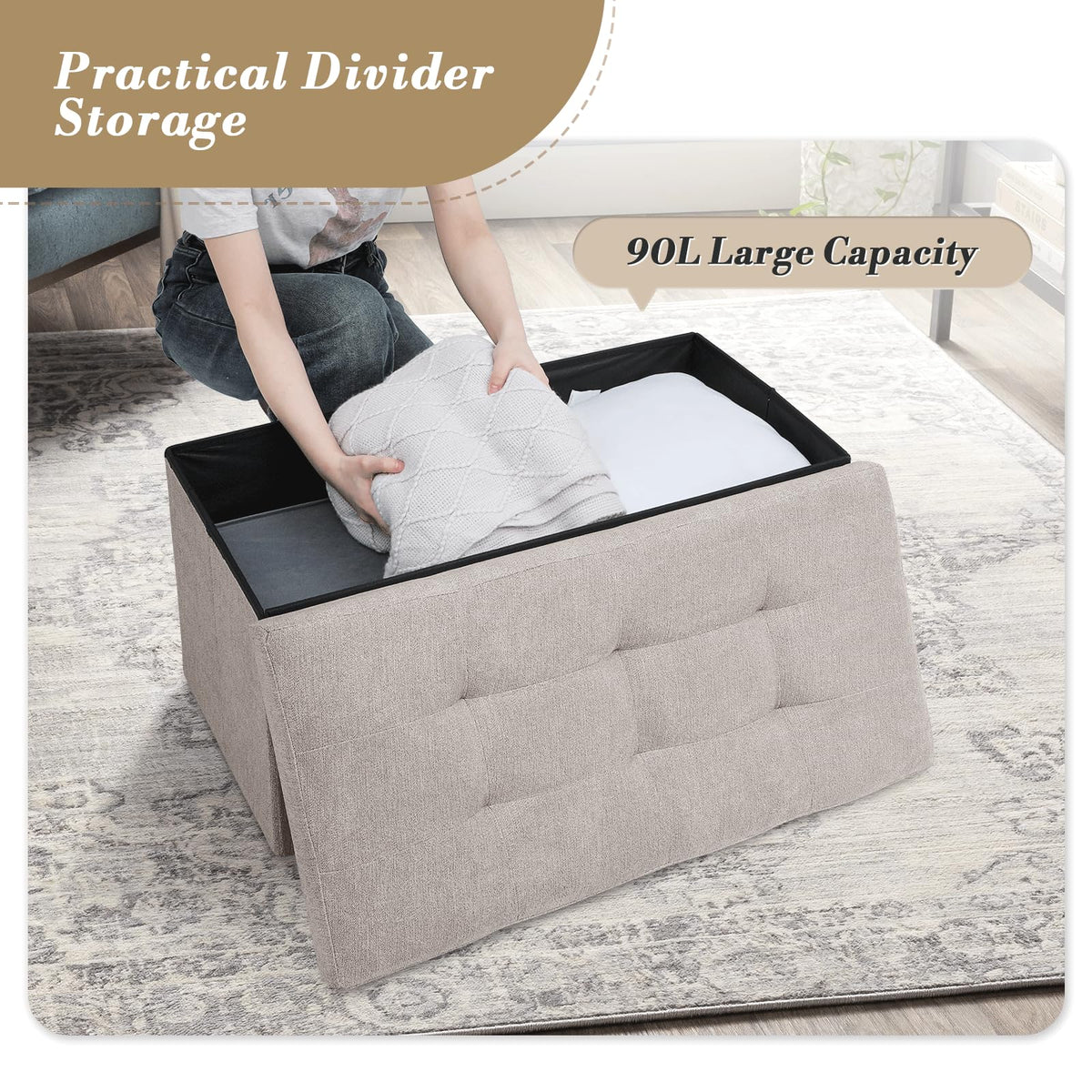 30" Storage Ottoman Bench Folding Bench with 90L Hidden Storage