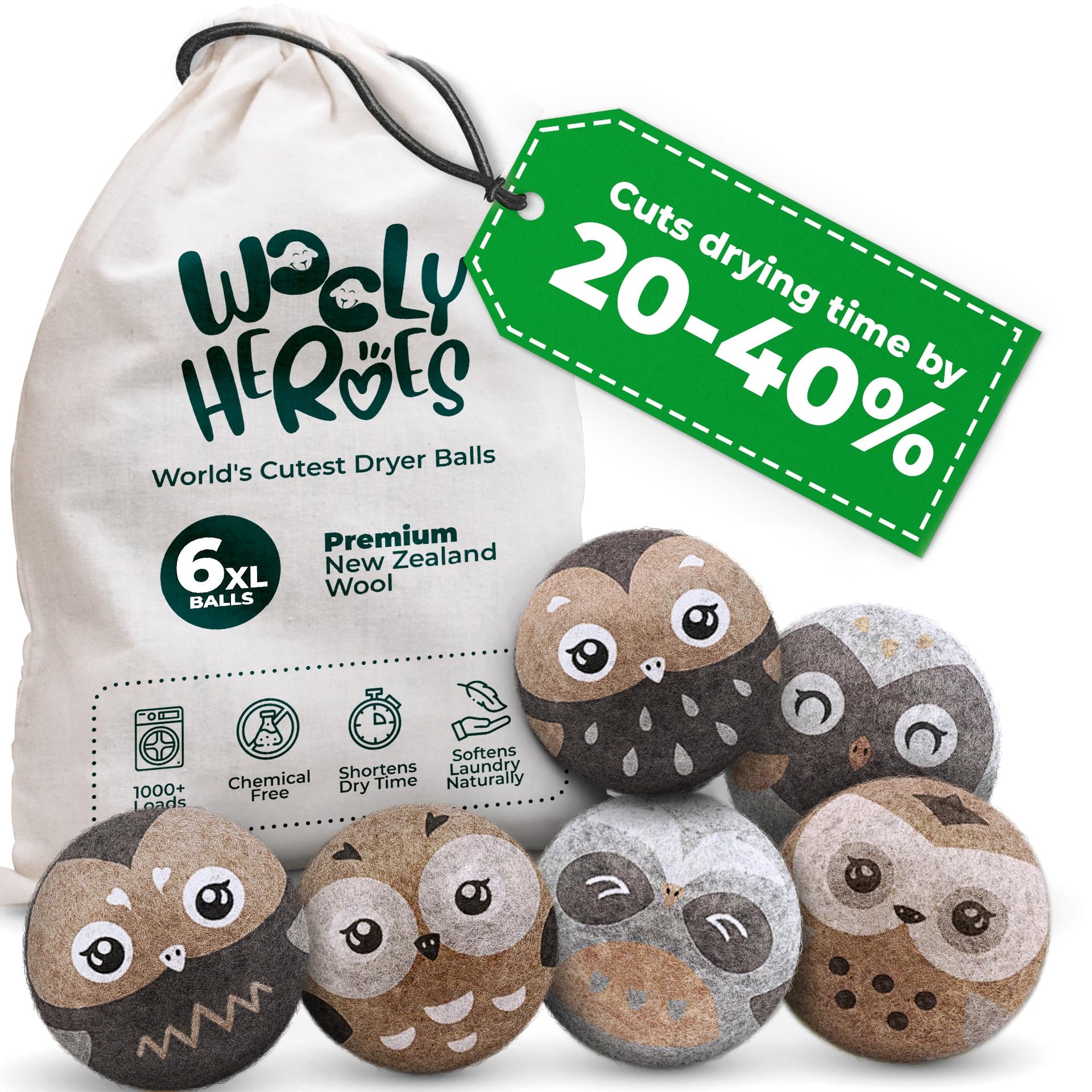 Chemical Free & Baby Safe! Reusable Wool Dryer Balls XL 6 (6 Count)