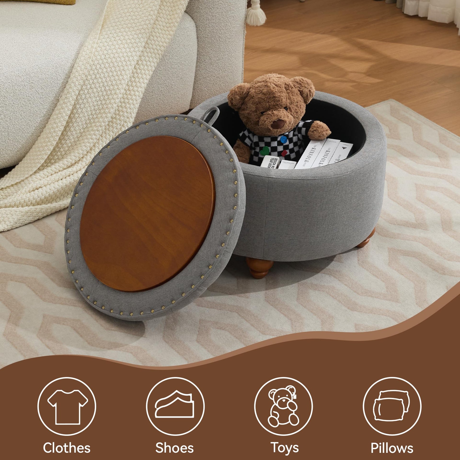 24Inch Round Storage Ottoman with Tray