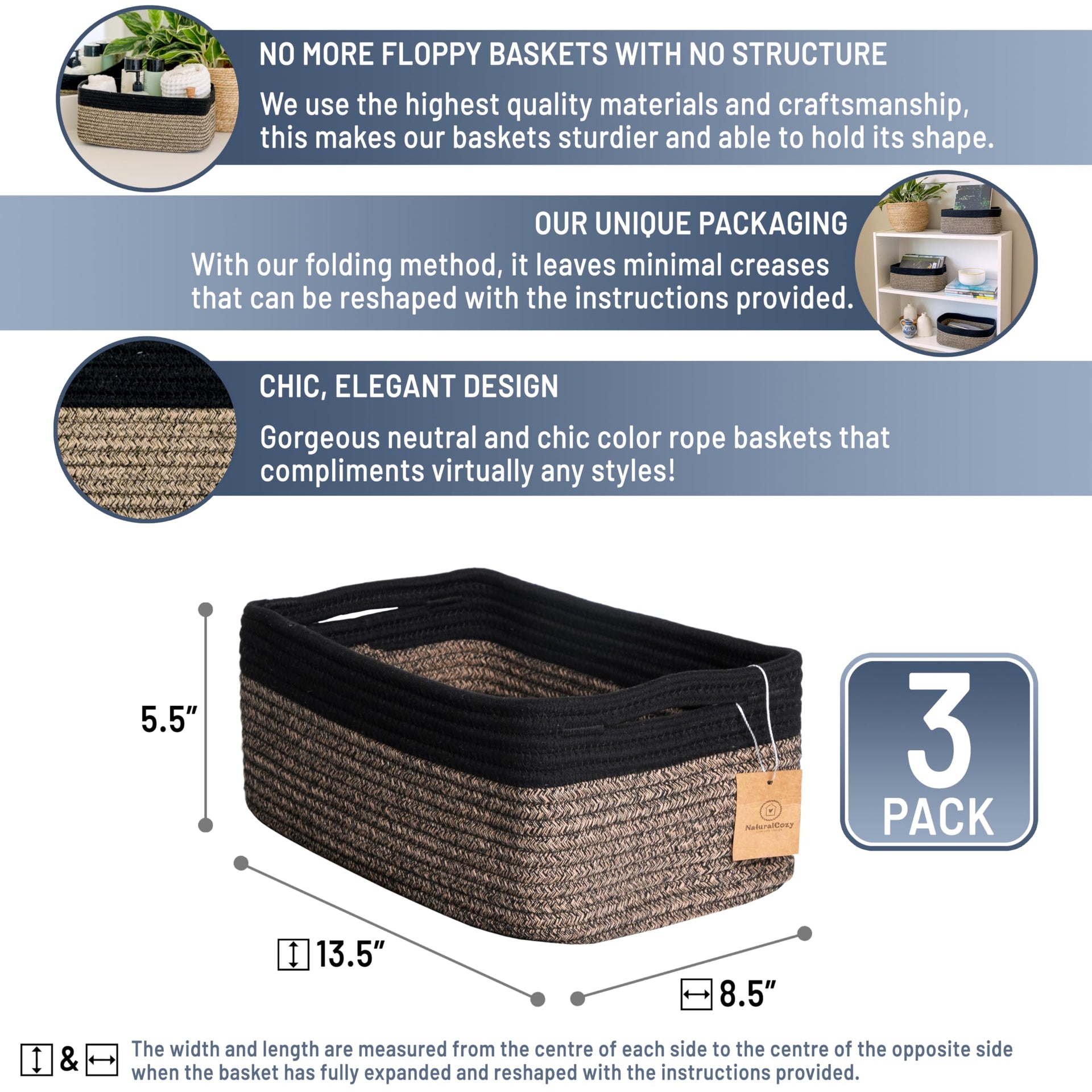 13.5”x8.5”x5.5” Rectangle Storage Baskets for Shelves 3 Pack (3 Count)
