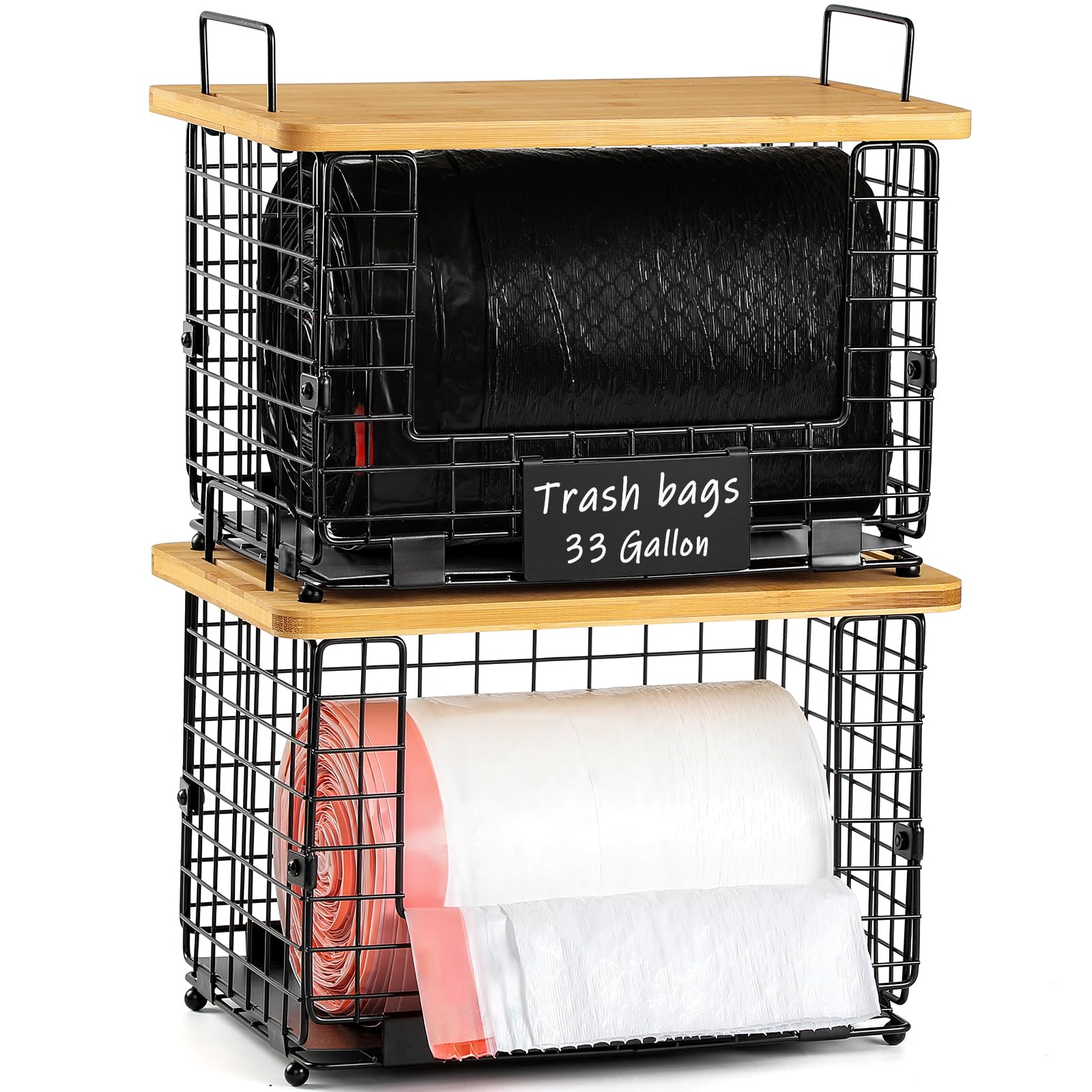 1 Pack Stackable Storage Trash Bag Baskets with Bamboo Top