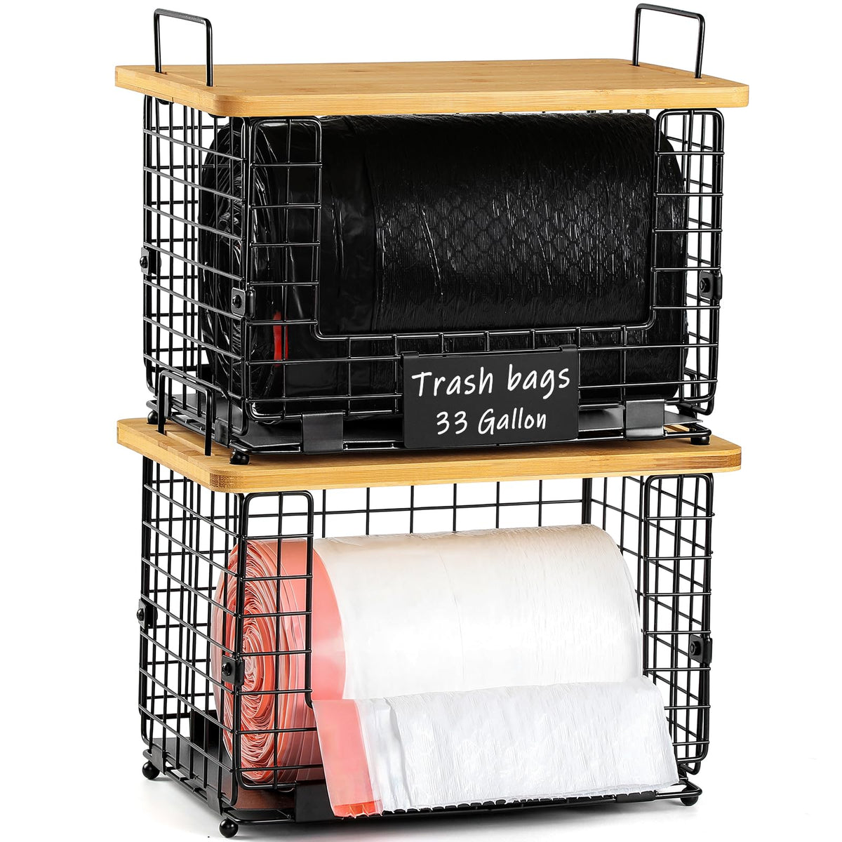 1 Pack Stackable Storage Trash Bag Baskets with Bamboo Top