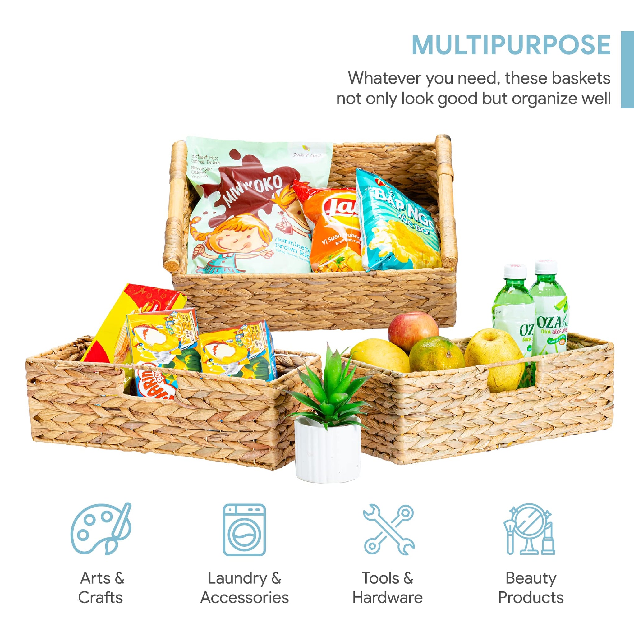 Large Water Hyacinth Storage Baskets for Organizing with Wooden Handles for Shelves (3 Count)