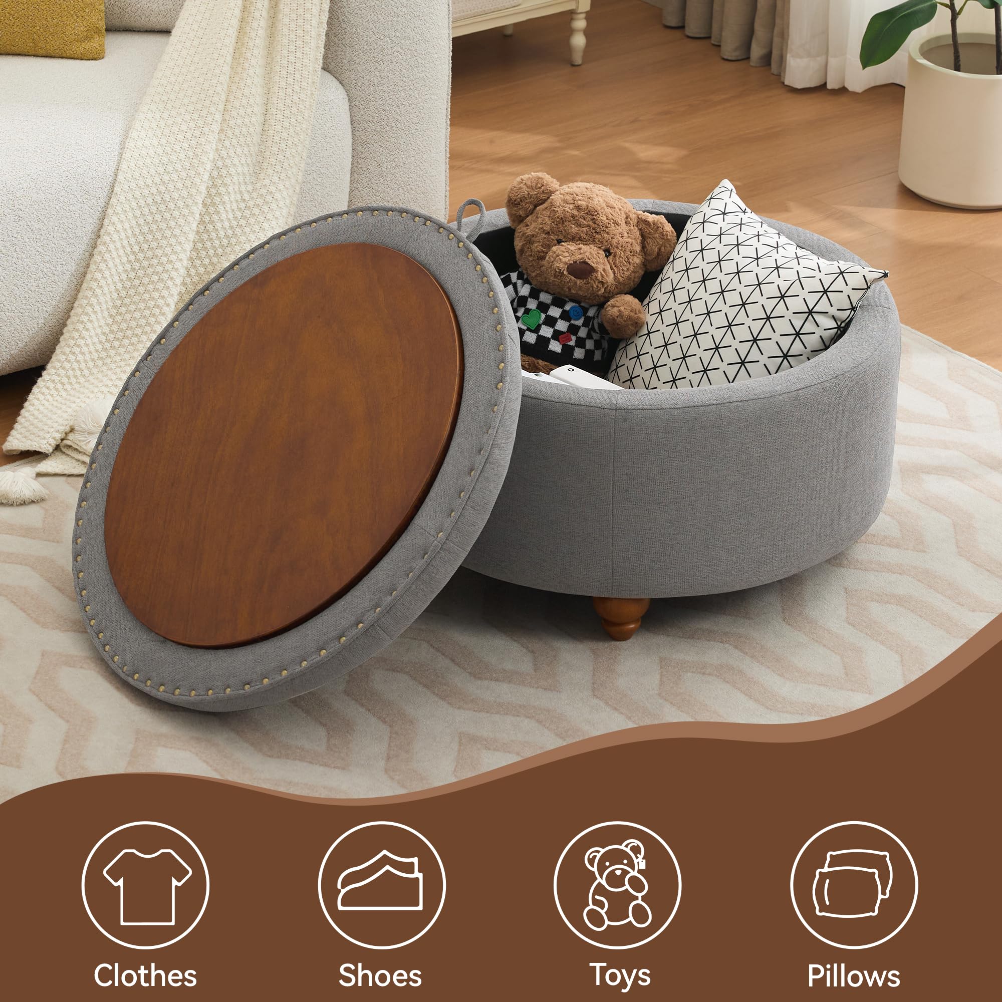 30Inch Round Storage Ottoman with Tray